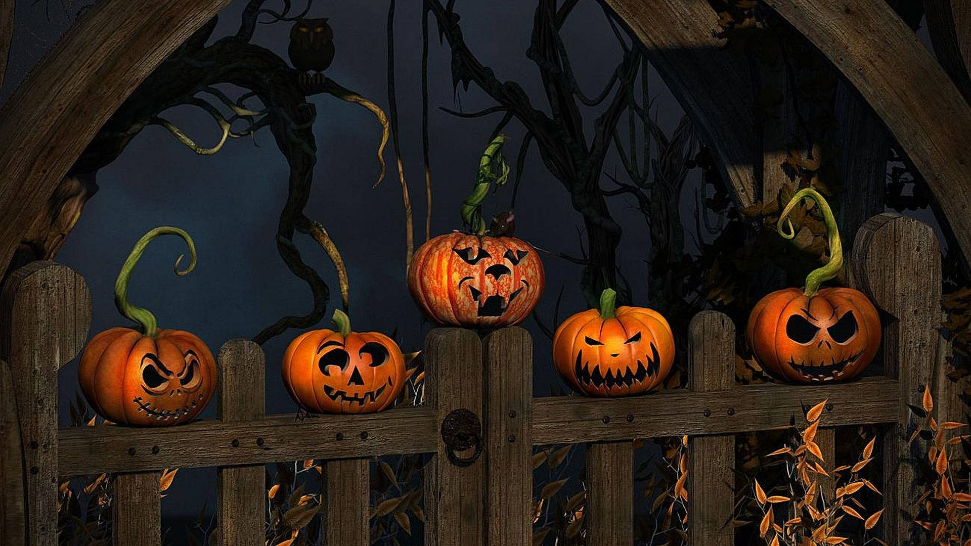 1920x1080 Download Halloween Pumpkins On Fence Wallpaper, Desktop