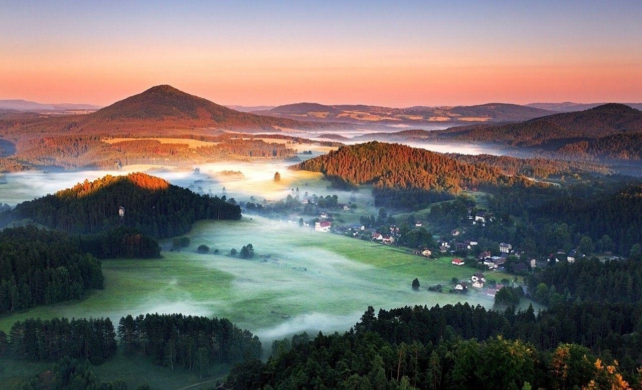 1280x780 summer, Morning, Mist, Forest, Hill, Villages, Field, Czech, Desktop