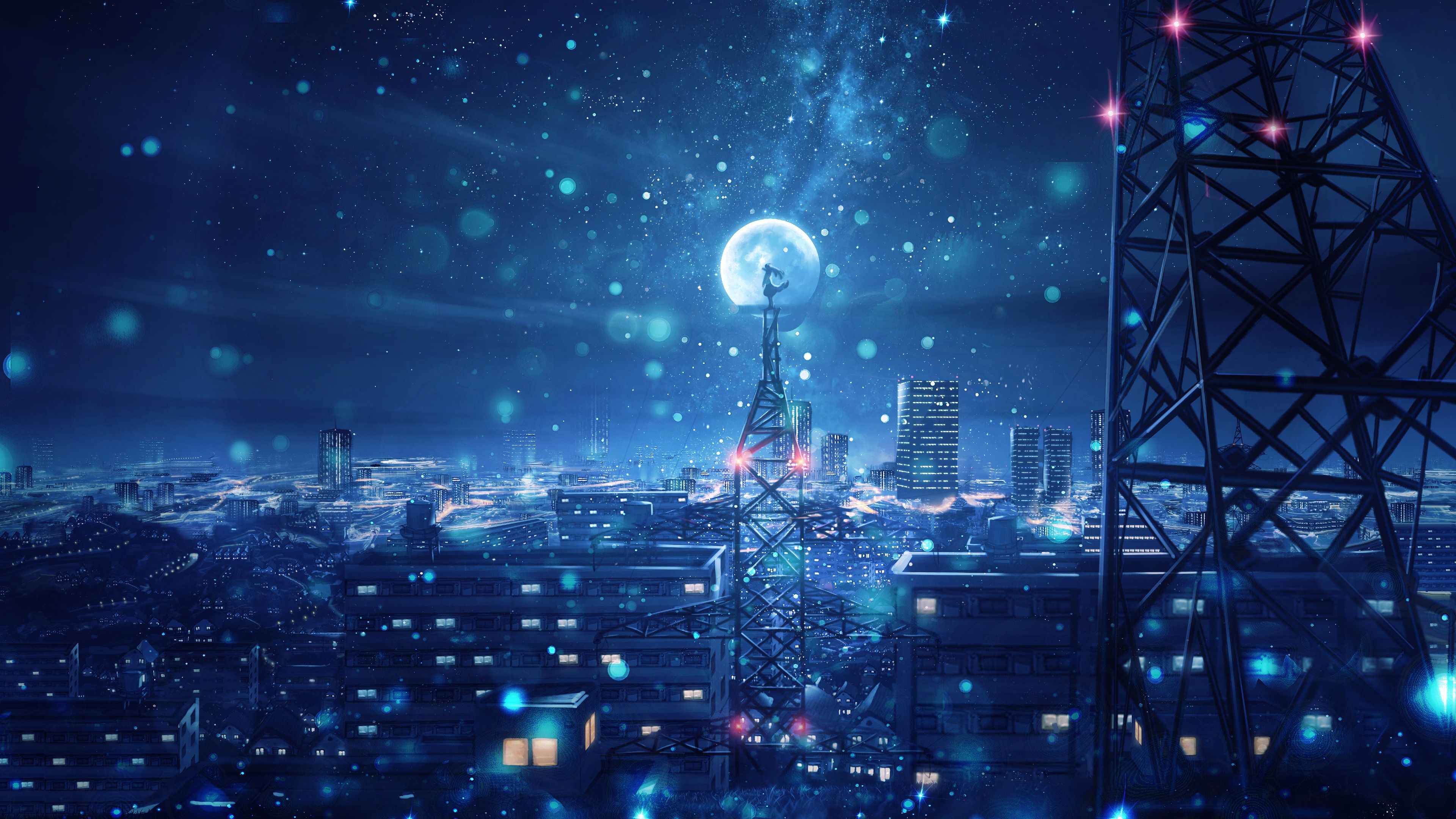 3840x2160 Night Sky City Stars Anime Scenery 4K Wallpaper, Desktop