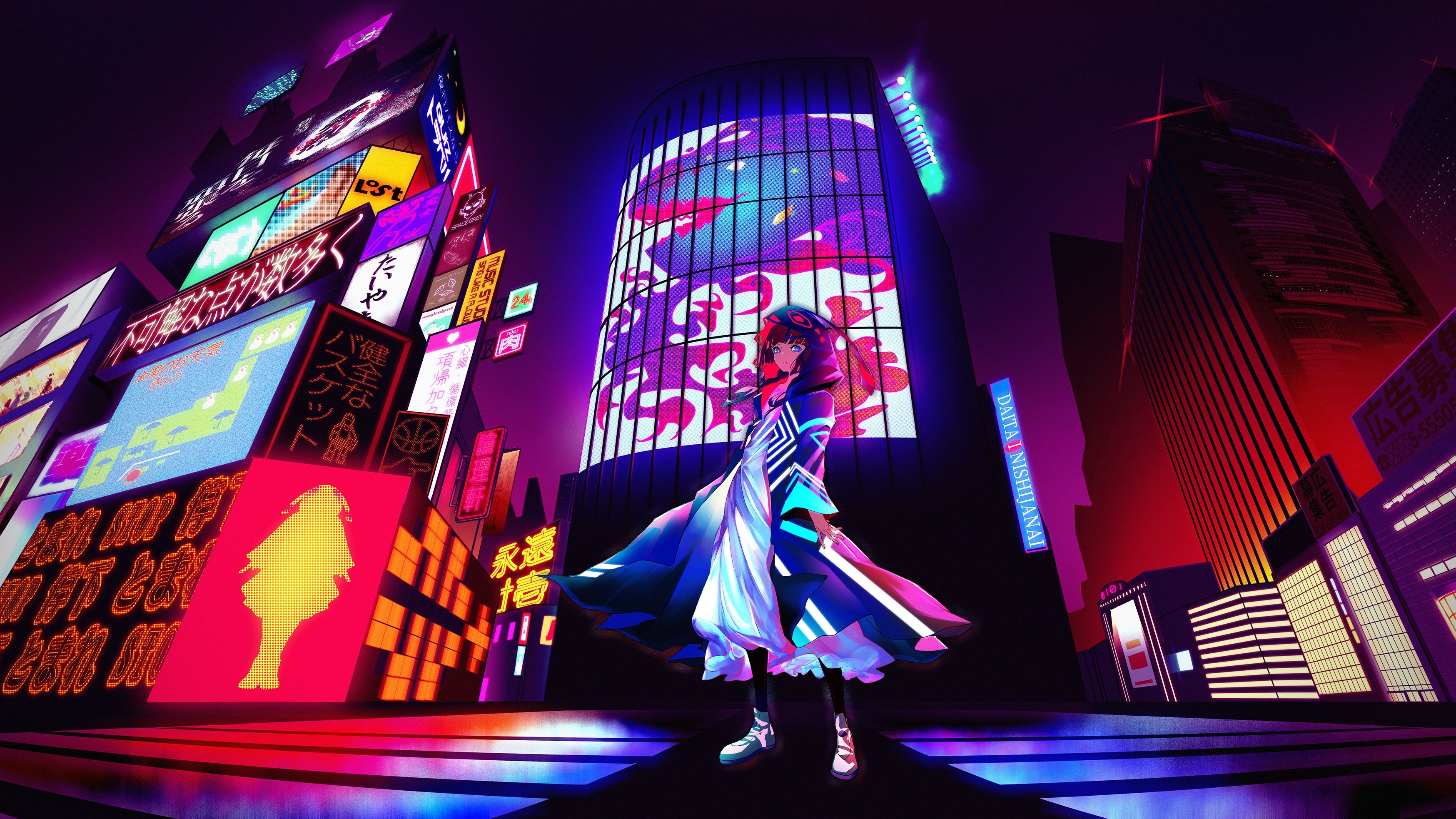 3500x1970 Anime Girl Billboard Neon City 4k, HD Anime, 4k Wallpaper, Image, Background, Photo and Picture, Desktop