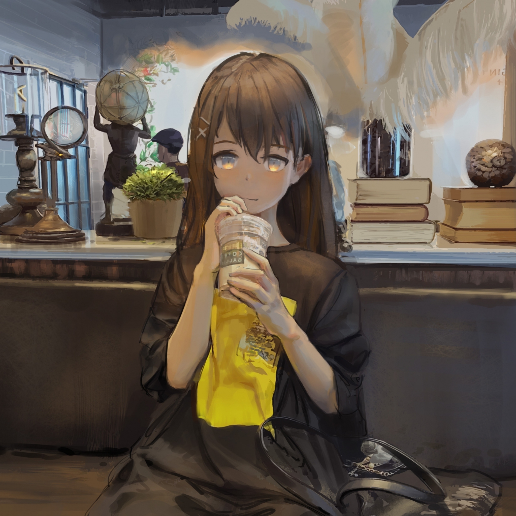 2050x2050 Wallpaper Anime Girl, Sweater, Brown Hair, Coffee:3508x2473, Phone