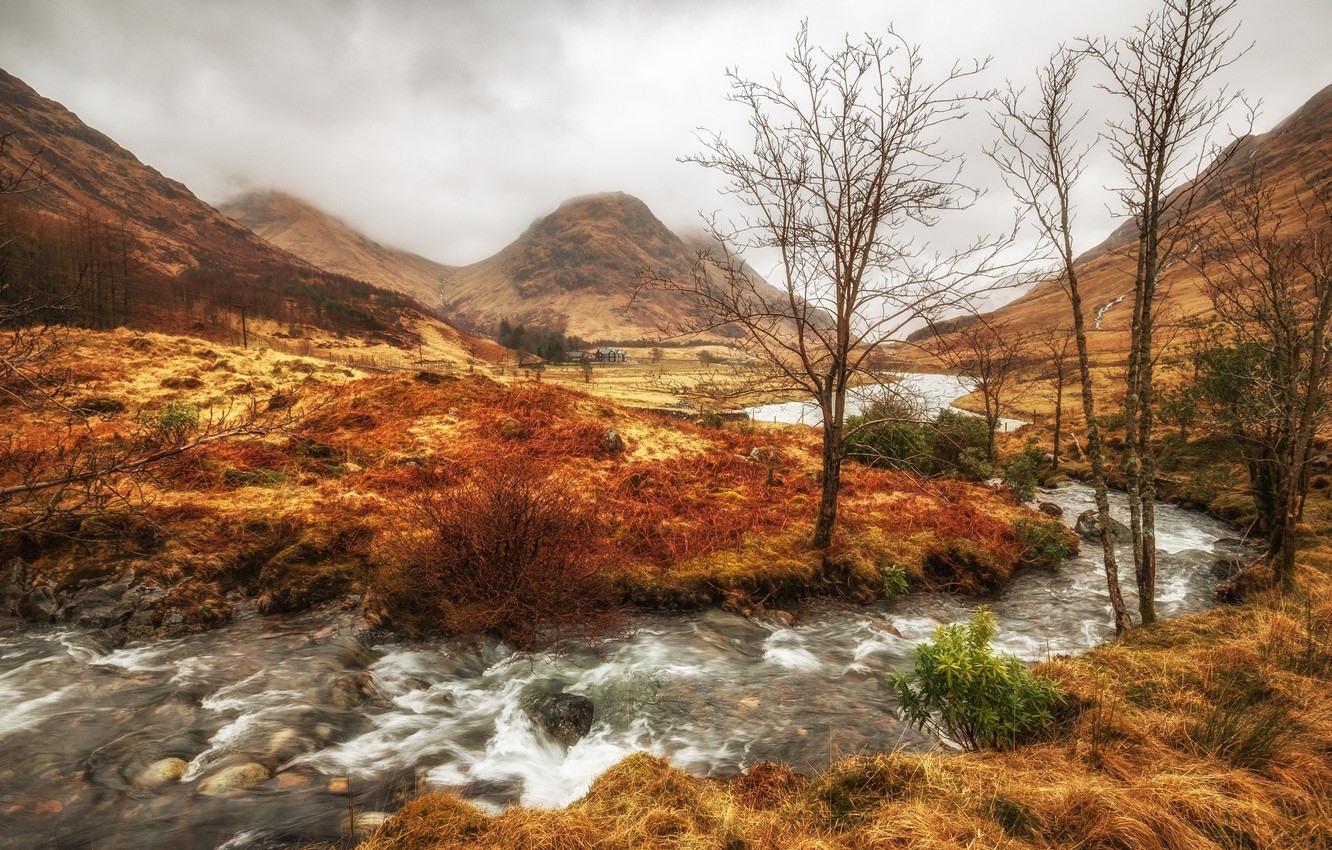 1340x850 Wallpaper autumn, clouds, trees, mountains, river, Scotland, Scottish highlands image for desktop, section природа, Desktop