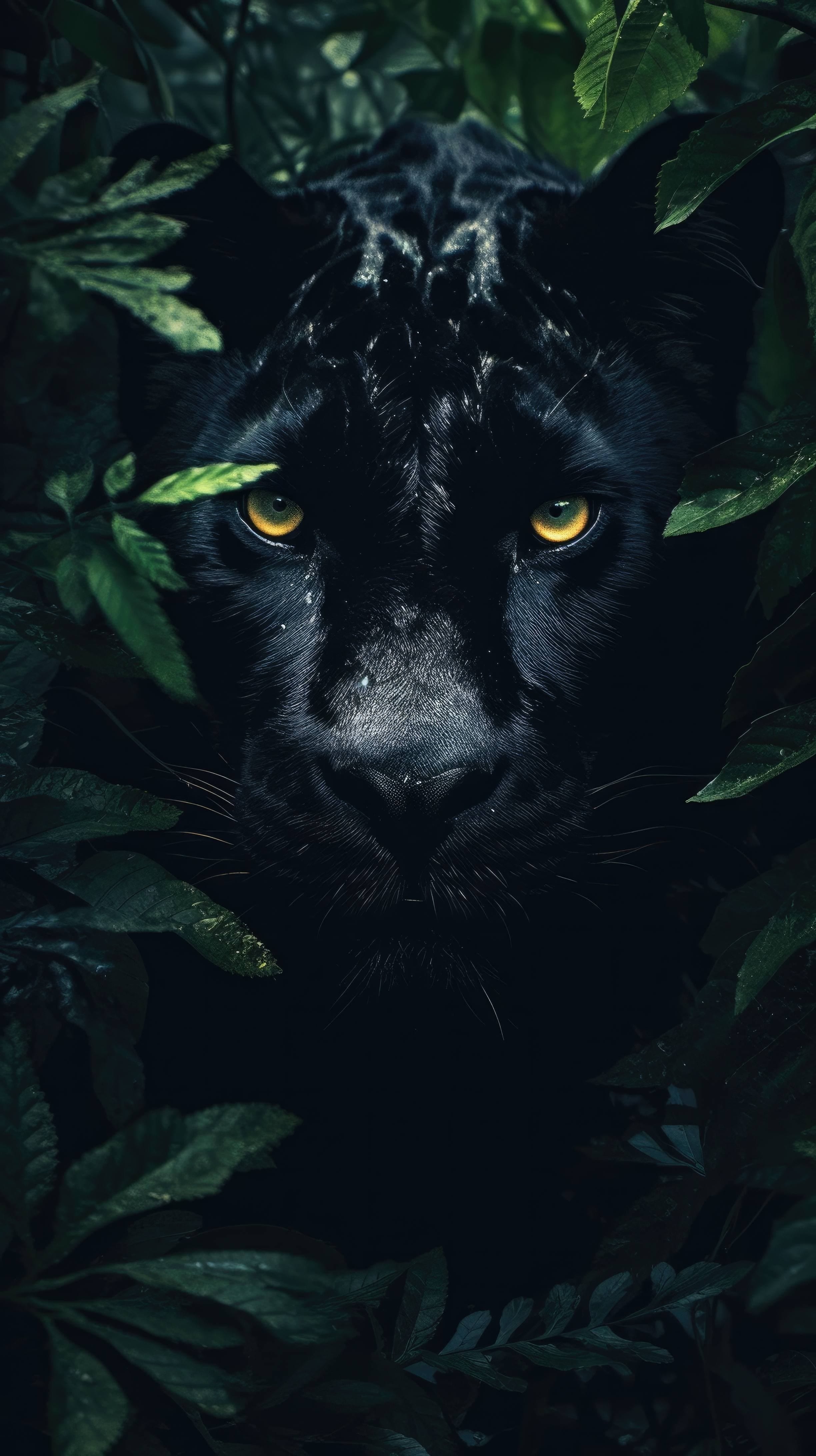 2450x4370 A 4K ultra HD mobile wallpaper depicting a powerful and agile Black Panther, stealthily prowlingse undergrowth of a tropical rainforest, its mesmerizing green eyes piercingkness, Phone