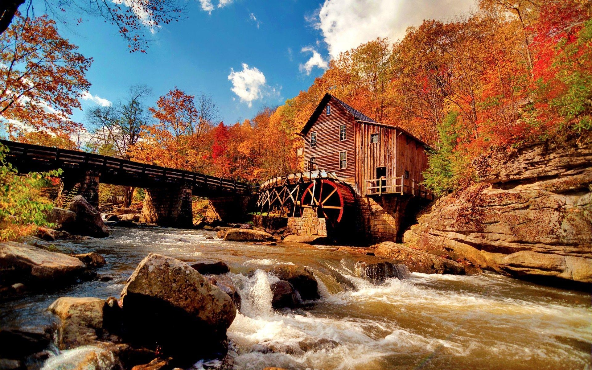 1920x1200 image of cute autumn houses. windows, wallpaper, watermill, Desktop