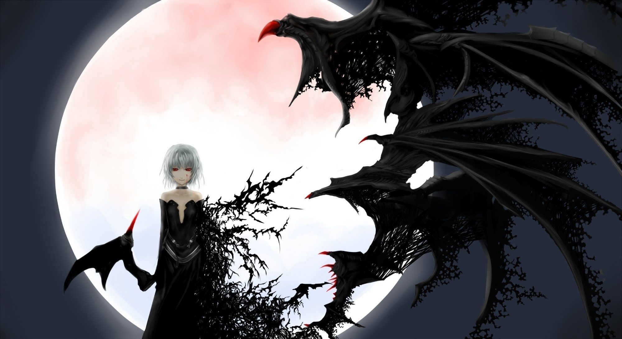 2000x1100 Creepy anime girl albino wings moon background wallpaper, Desktop