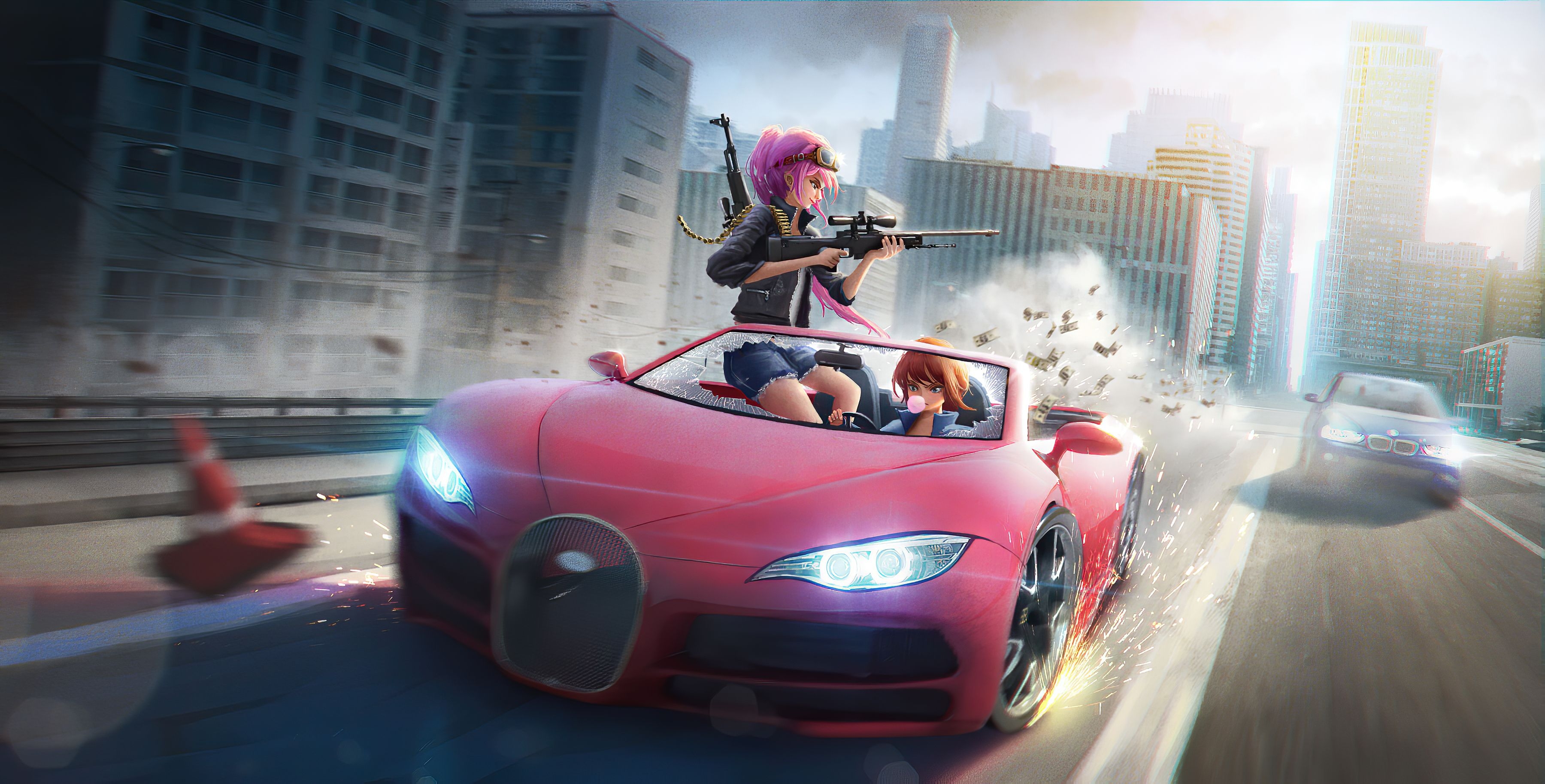 3600x1830 Anime Girls Car Chase 4k, HD Anime, 4k Wallpaper, Image, Desktop