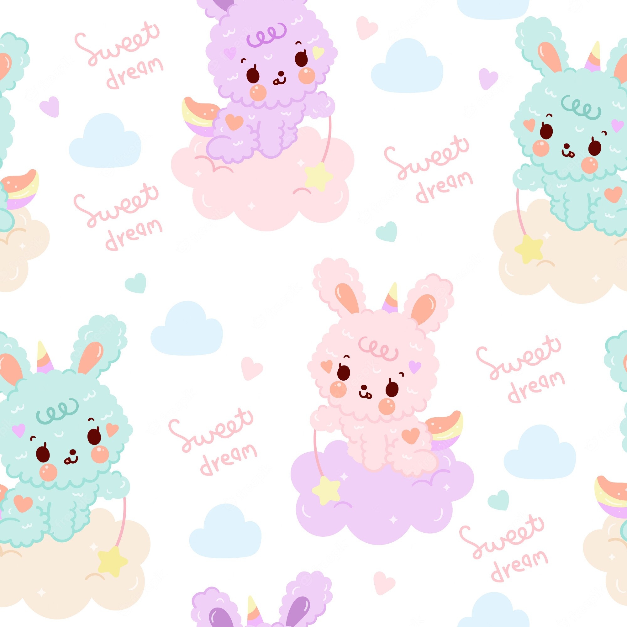 2000x2000 Premium Vector. Cute bunny rabbit seamless pattern wear unicorn horn sweet dream theme on cloud, Phone