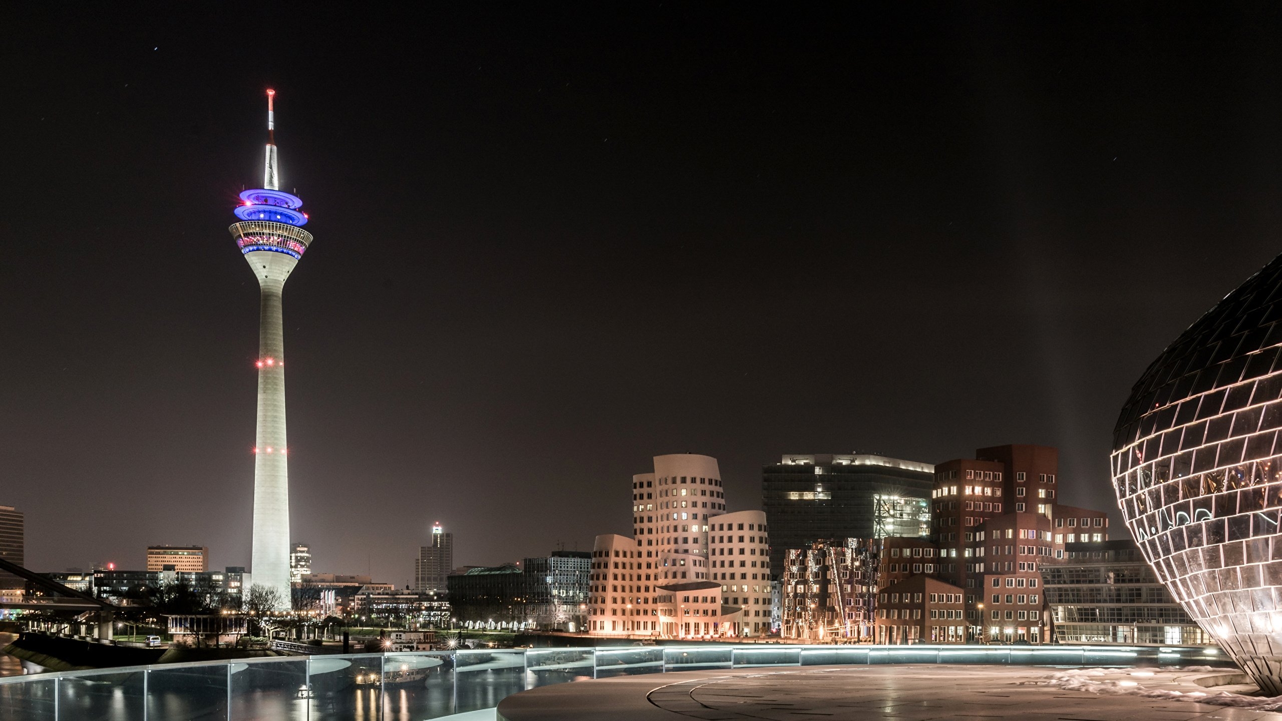 2560x1440 image Germany Tower Duesseldorf Night Cities Houses, Desktop