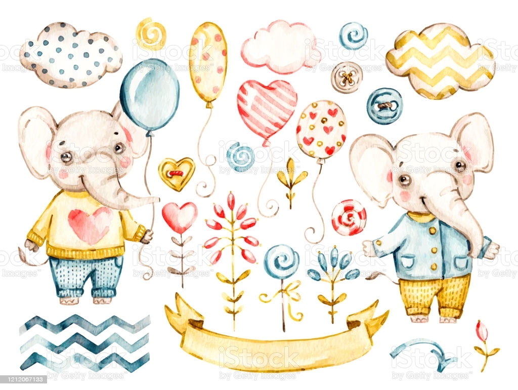 1030x770 Cute Elephant Baby Boy Watercolor Vector Nursery Cartoon Jungle Animals Cute Clouds Balloons Adorable Nurseries Safari Set Stock Illustration Image Now, Desktop