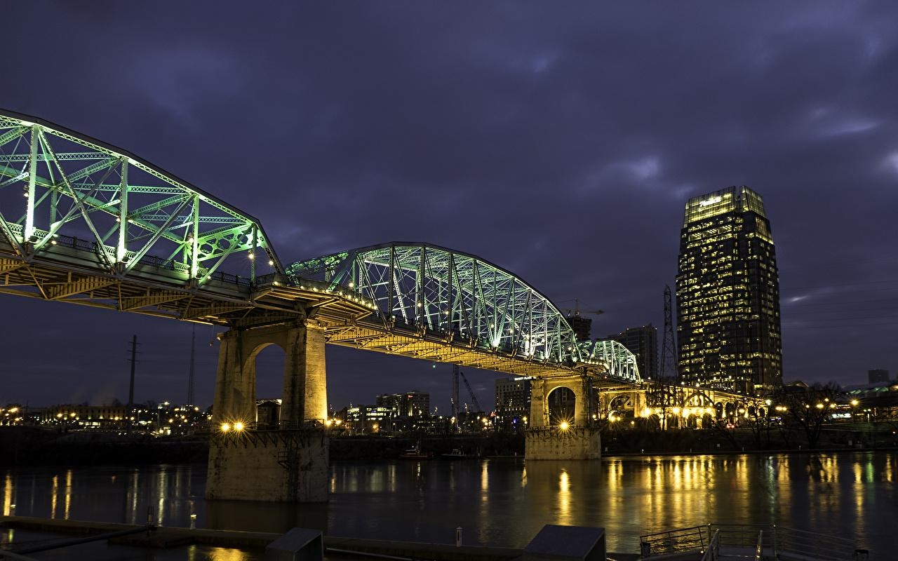 1280x800 Wallpaper USA Nashville Tennessee Bridges Night Rivers Street, Desktop