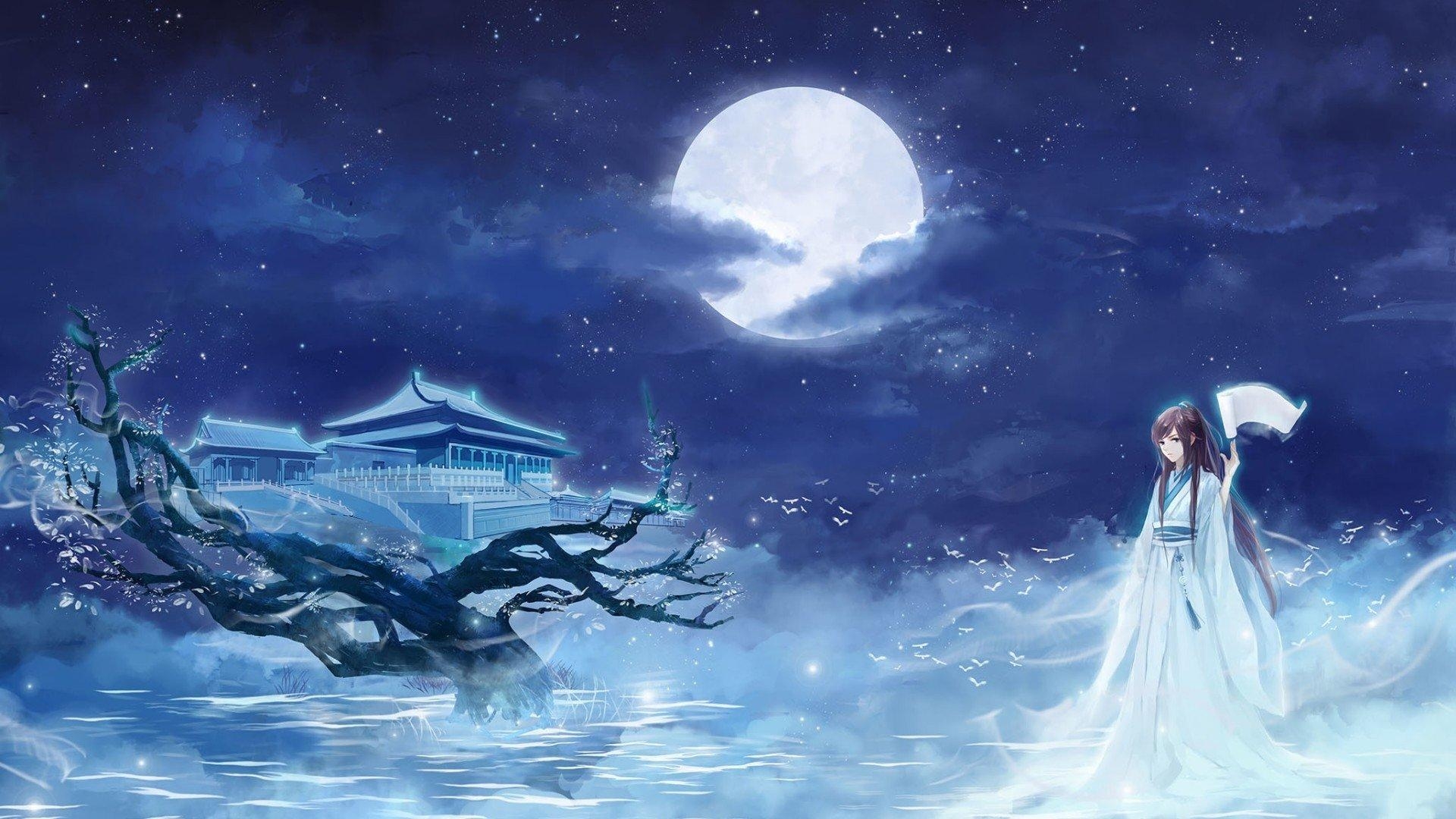 1920x1080 Anime Girl on Full Moon Nigjt HD Wallpaper. Background, Desktop