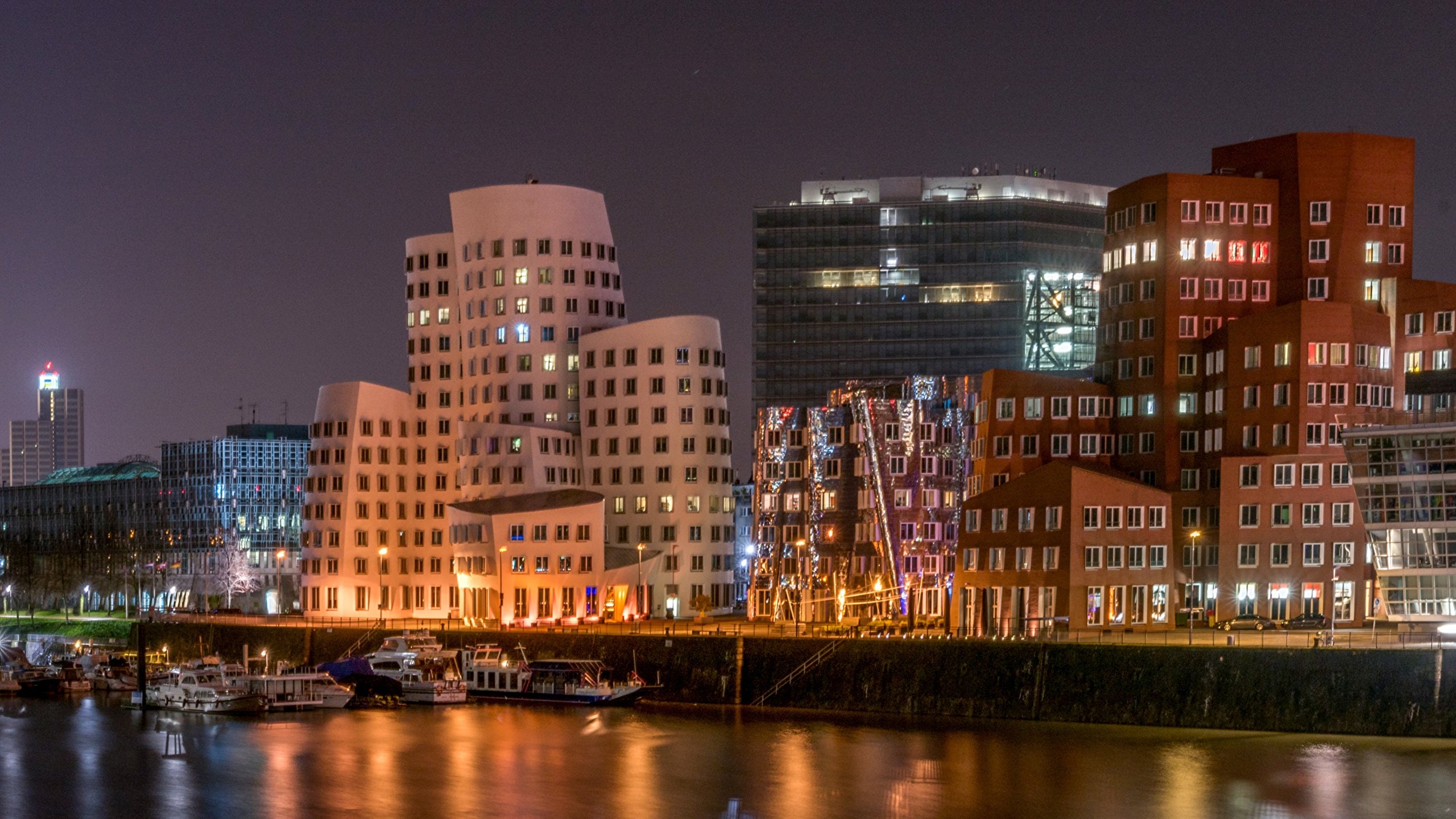 2560x1440 Image Germany Dusseldorf Night Berth Rivers Cities Houses, Desktop