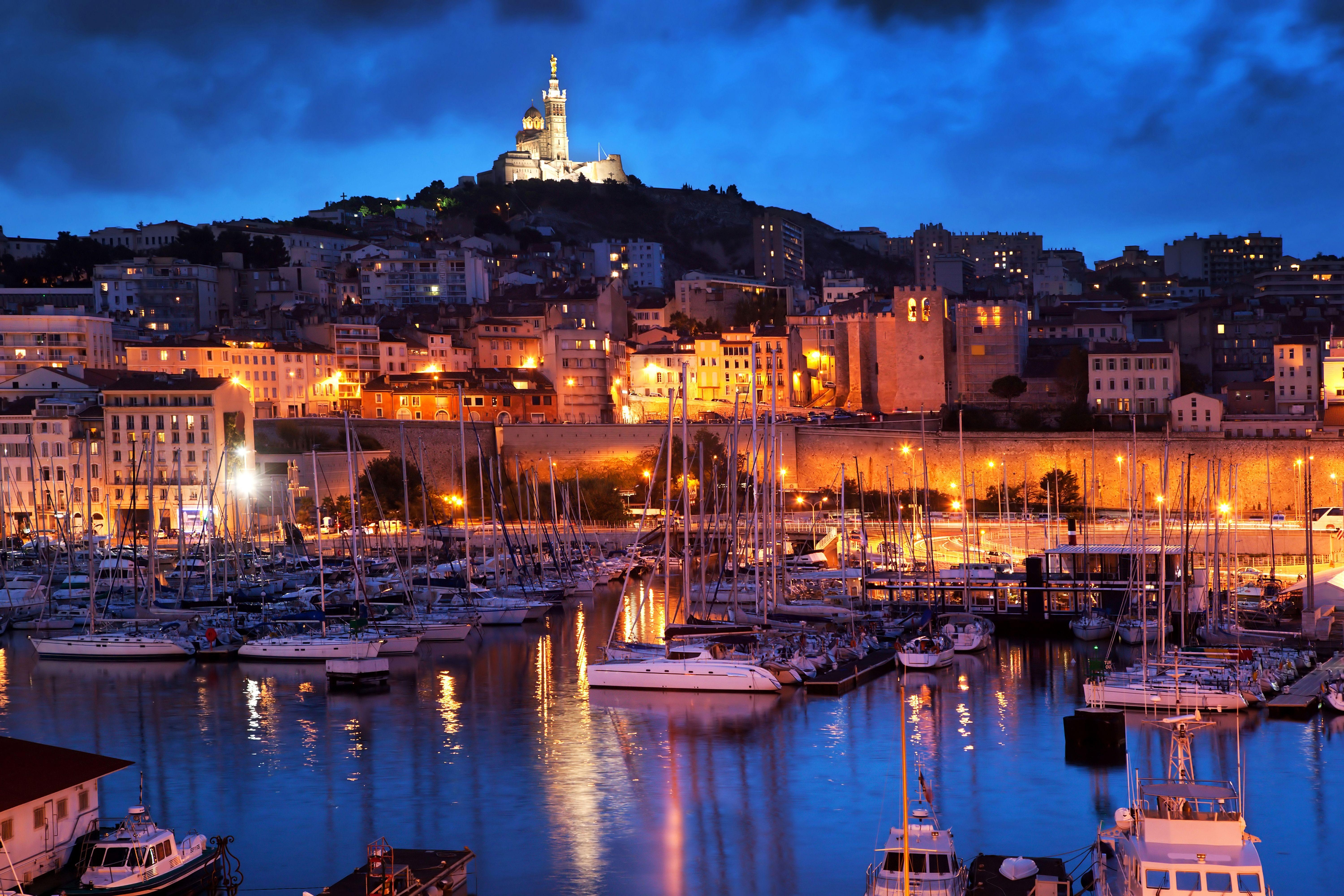 6000x4010 Photos Marseille France Ships Berth Sailing night time, Desktop