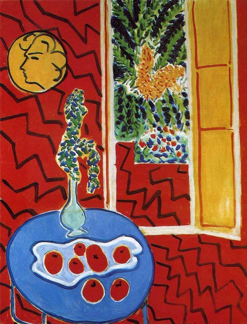 830x1080 Red Interior Still Life On A Blue Table Matisse Wallpaper, Phone