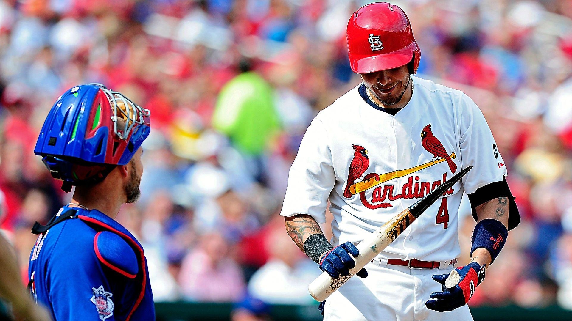 1920x1080 Yadier Molina shattered his bat while attempting to tap home plate, Desktop