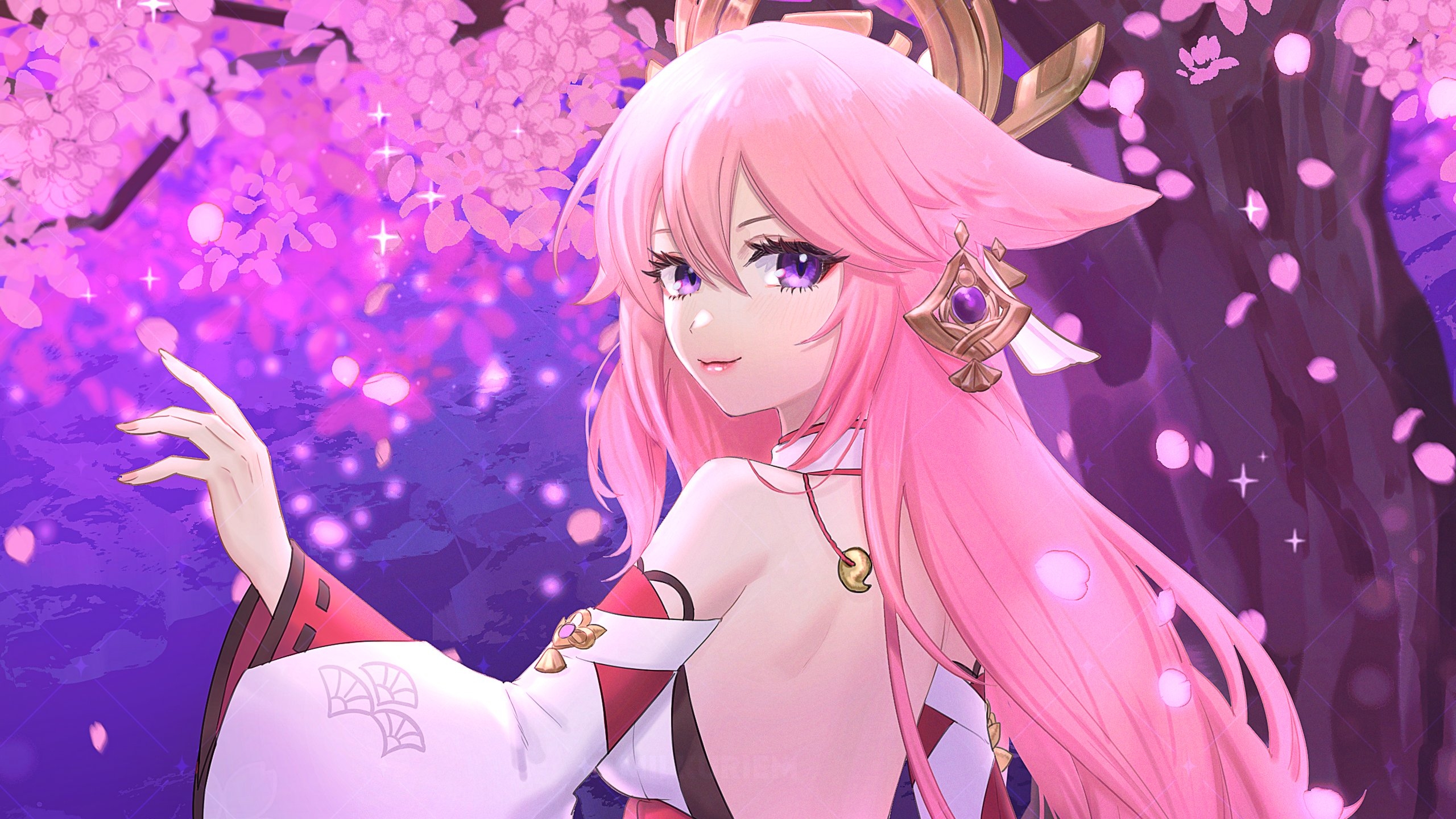 2560x1440 Purple Eyes Pink Hair Yae Miko HD Genshin Impact Wallpaper, Desktop