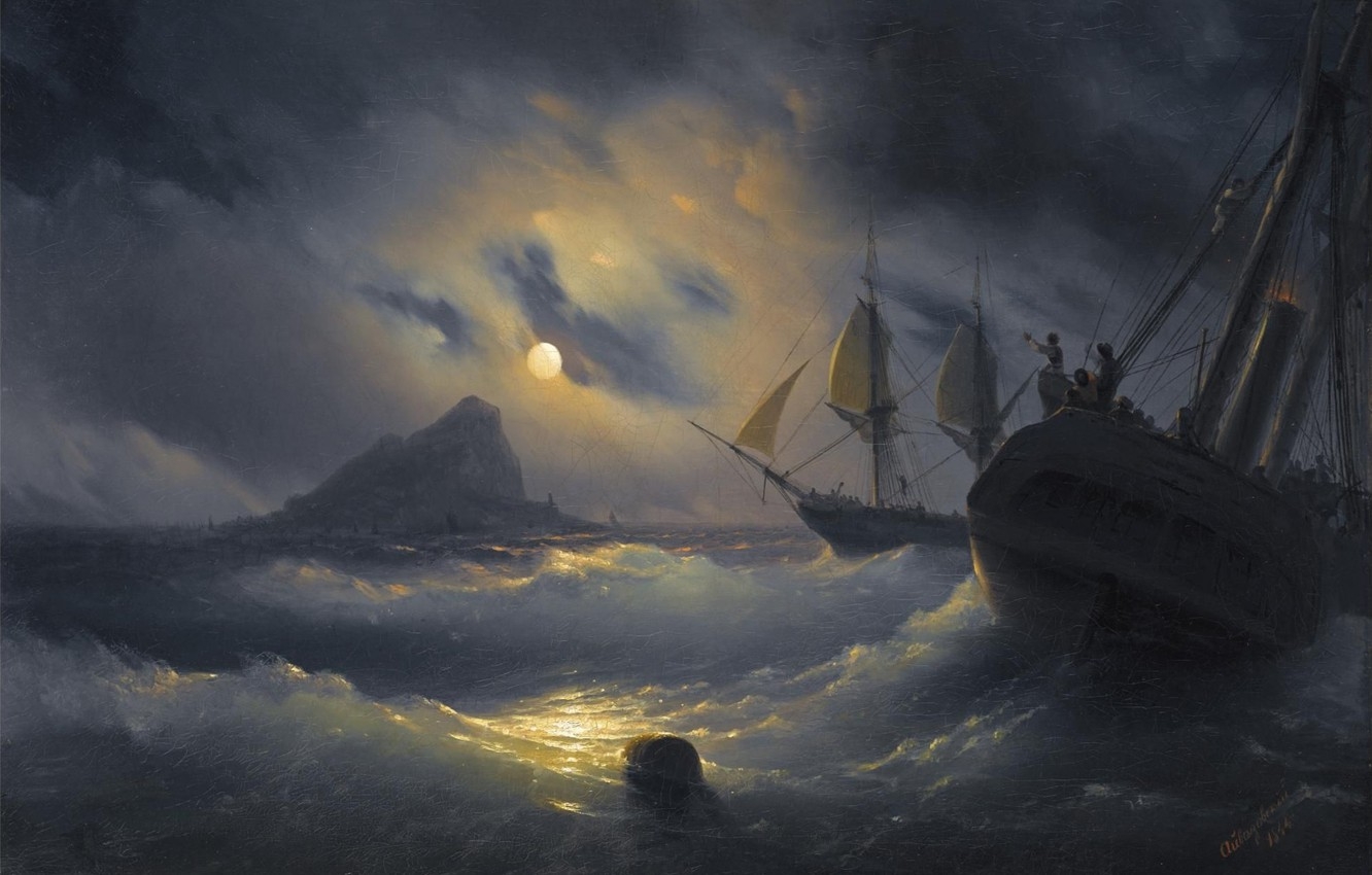 1340x850 Wallpaper picture, seascape, Ivan Aivazovsky, Gibraltar By Night image for desktop, section живопись, Desktop