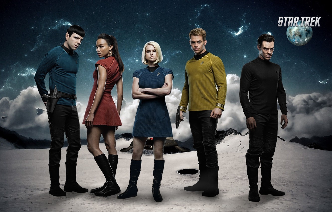 1340x850 Wallpaper the sky, stars, clouds, background, fiction, planet, poster, Chris Pine, Zoe Saldana, characters, Zachary Quinto, Zachary Quinto, Chris Pine, Benedict Cumberbatch, Benedict Cumberbatch, Alice Eve image for desktop, section фильмы, Desktop