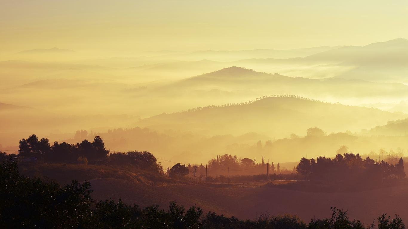 1370x770 Landscape Mountain Range Trees Woodland Forest Mist Fog 5k, Desktop