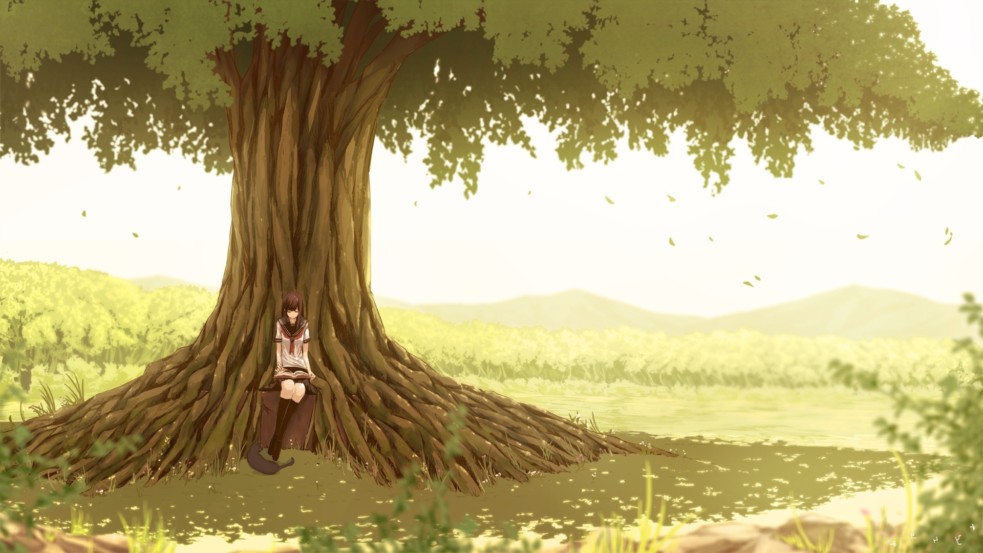 1920x1080 Wallpaper Reading A Book, Scenic, Anime Girl, Landscape, Giant Tree:, Desktop