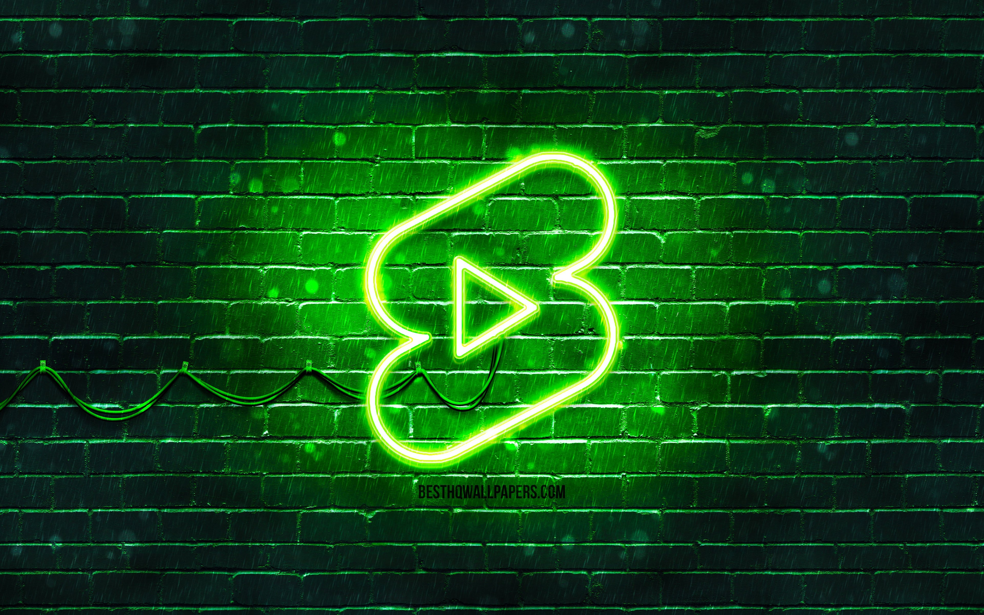 3840x2400 Download wallpaper Youtube shorts green logo, 4k, green neon lights, creative, green abstract background, Youtube shorts logo, social network, Youtube shorts for desktop with resolution. High Quality HD picture wallpaper, Desktop