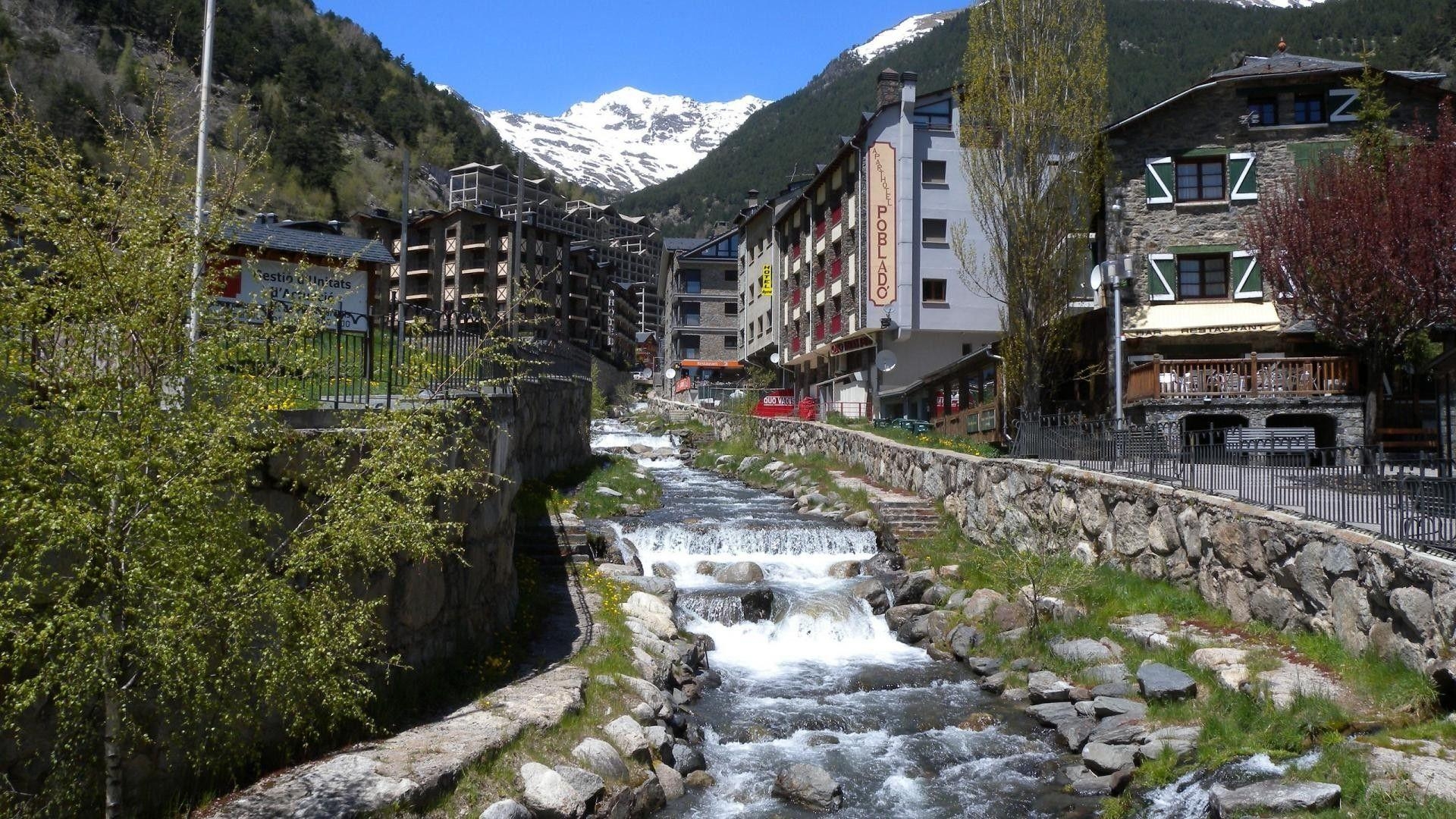 1920x1080 Rivers: Rocks Ainsal Andorra Stream Mountains Village Wallpaper, Desktop