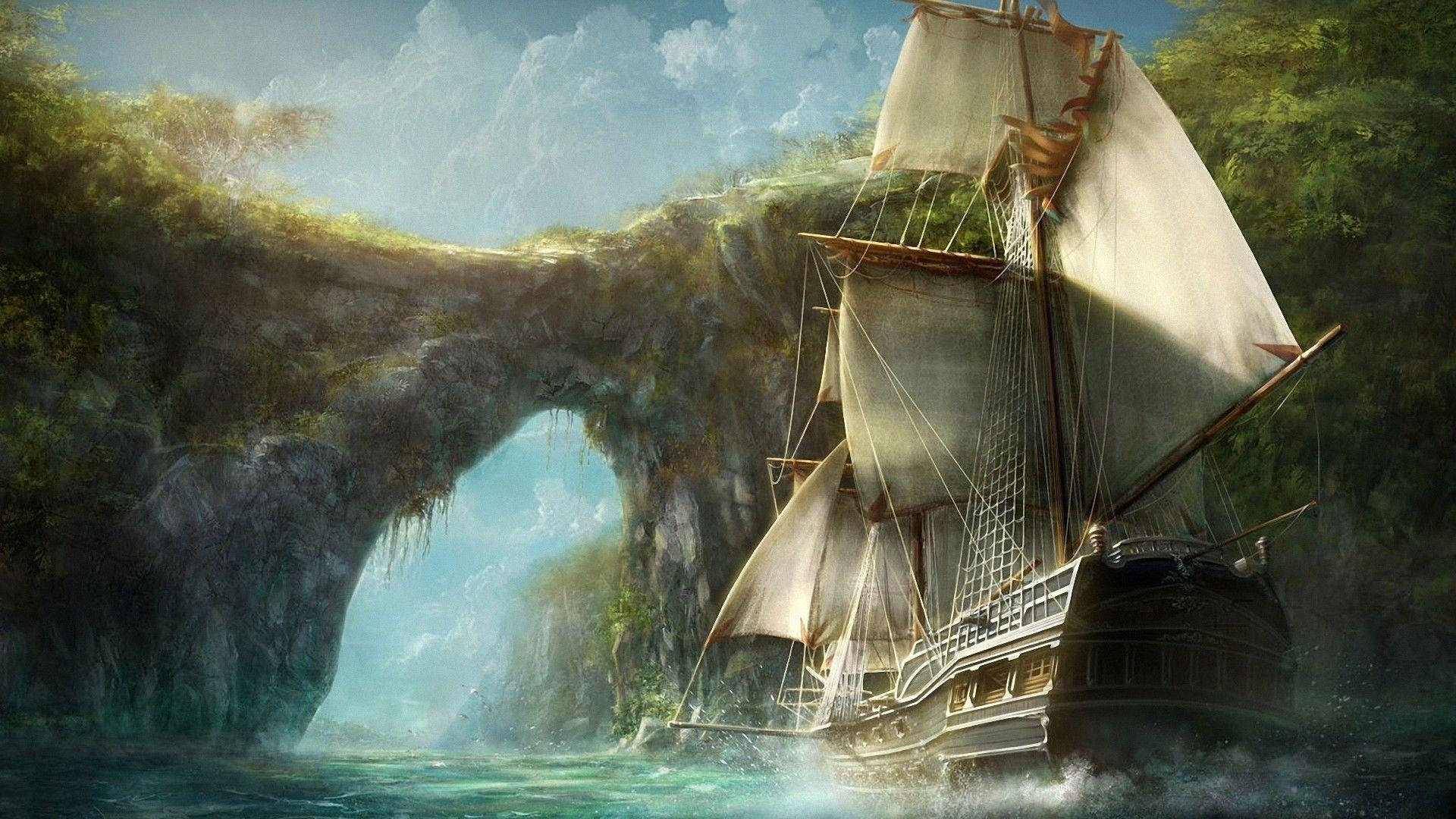 1920x1080 pirates, Old Ship, Ship, Rocks, Water, Bay, Caribbean, Digital Art, Desktop