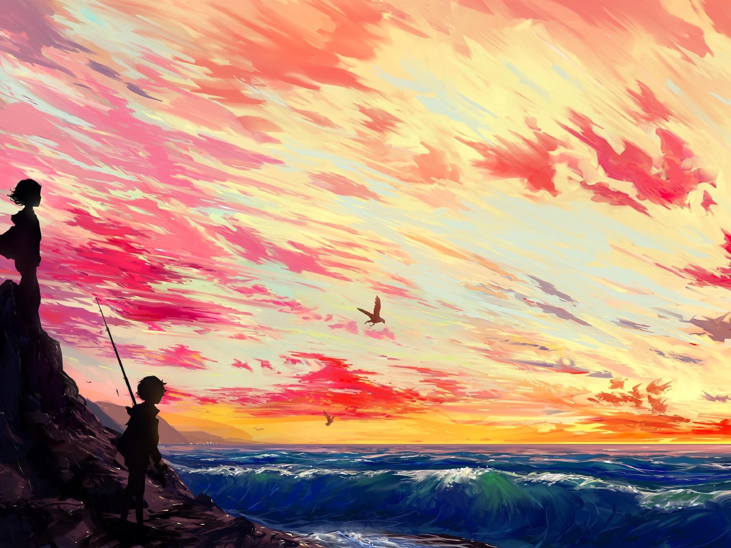 2560x1920 Wallpaper Beautiful anime picture, girl and boy, sea, clouds, Desktop