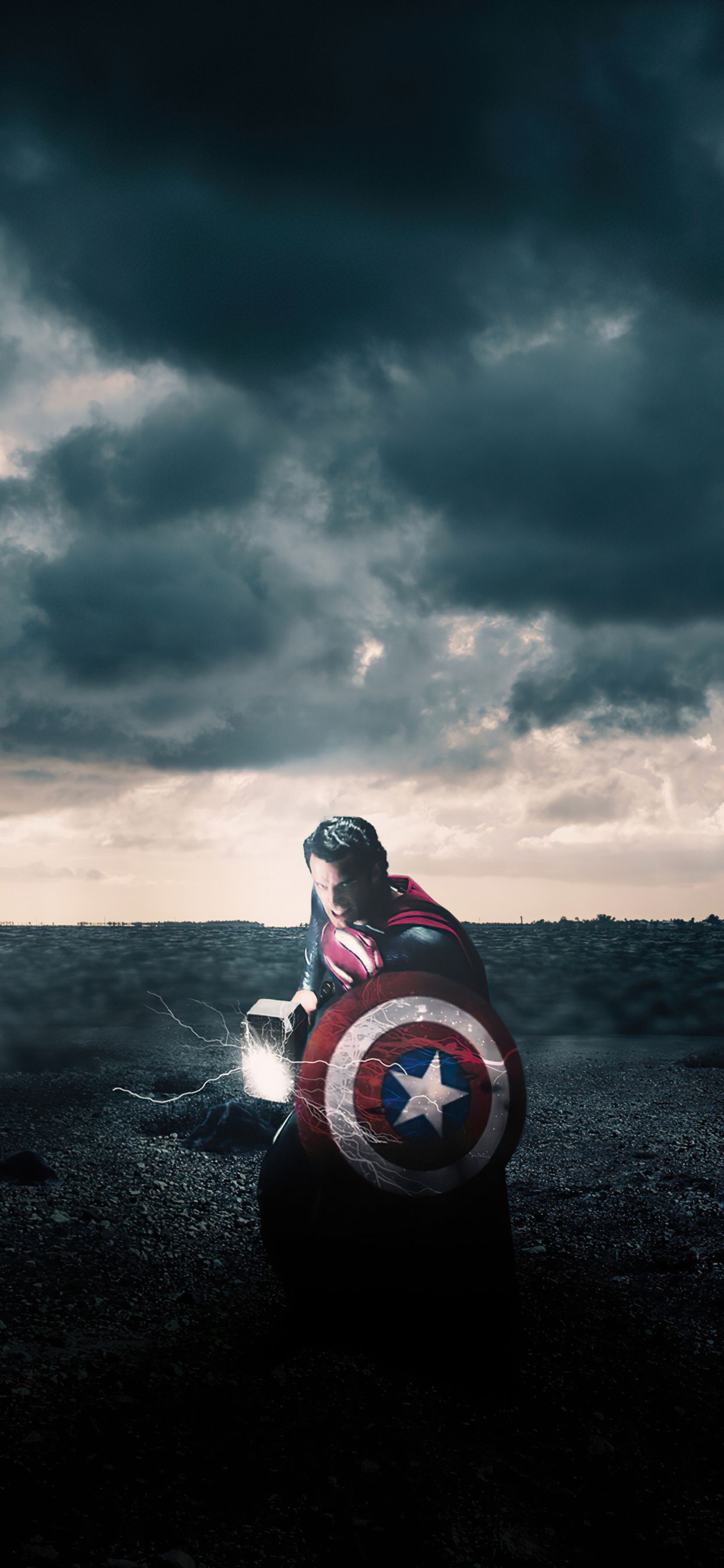 1250x2690 Superman Holding Mjolnir And Captain America Shield 4k, Phone