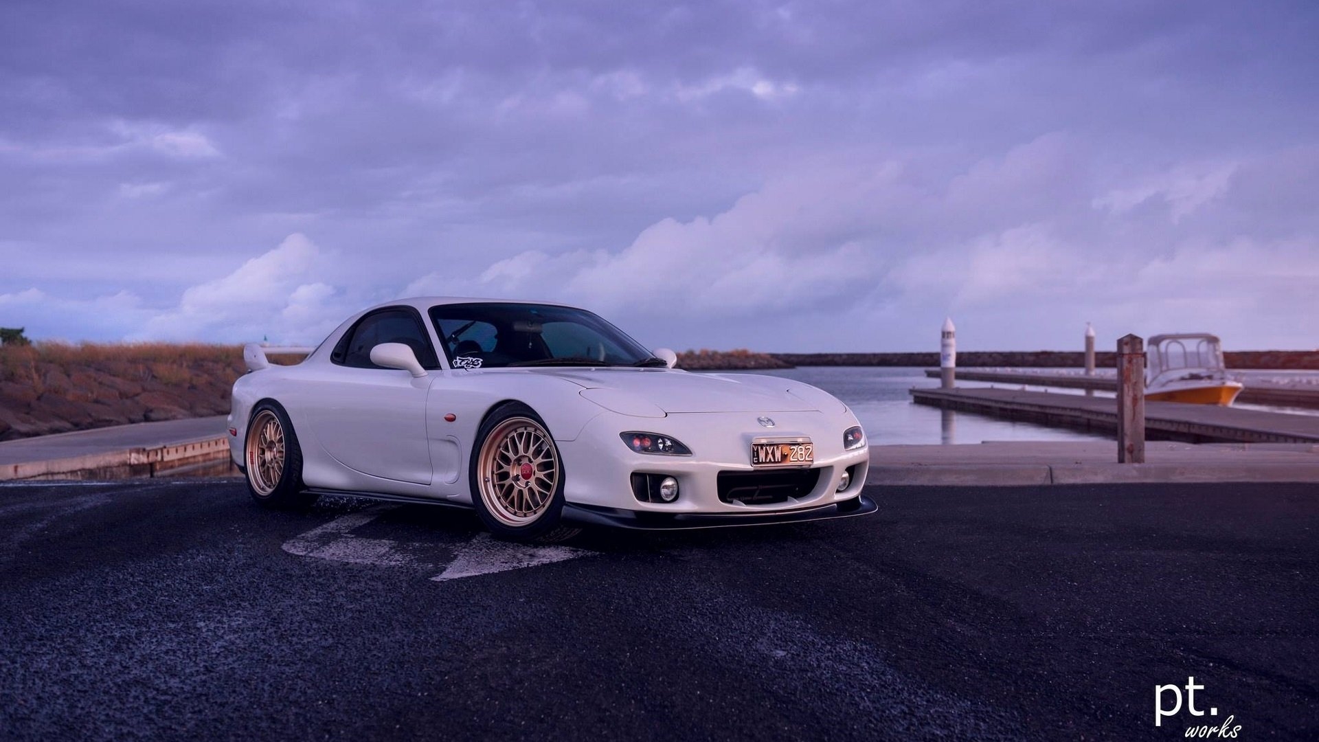 1920x1080 Wallpaper, Mazda RX 7 FD, Mazda RX Japanese cars, JDM, white cars, sky, clouds, water, boat, car, vehicle, Desktop