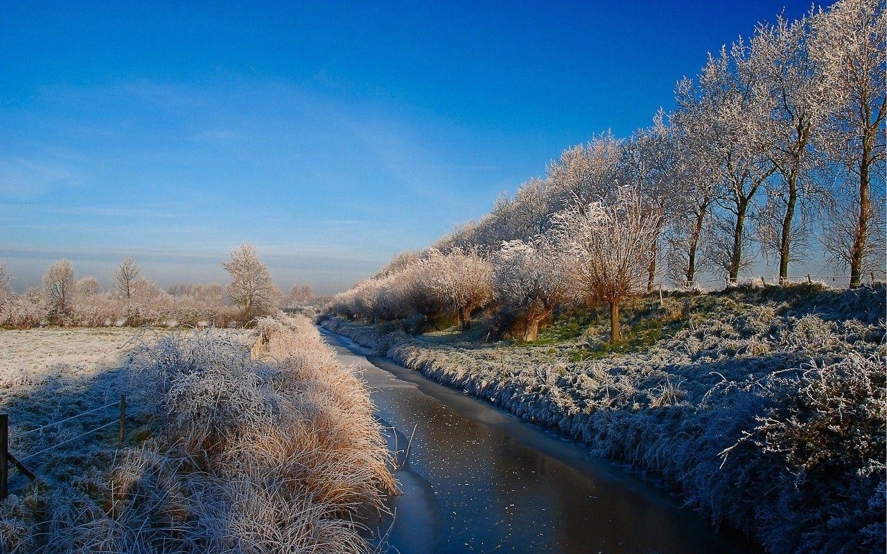 1280x800 Winter: Winter Latvia Fields Channel Water Trees Landscape 1080p, Desktop