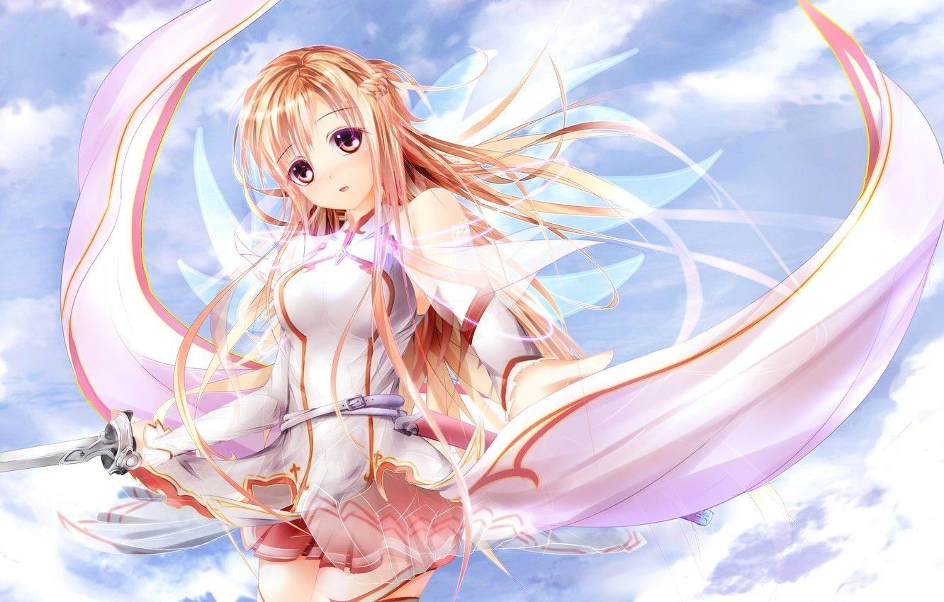 1340x850 Wallpaper The sky, Clouds, Girl, Hair, Sword, Clothing, Belt, Desktop