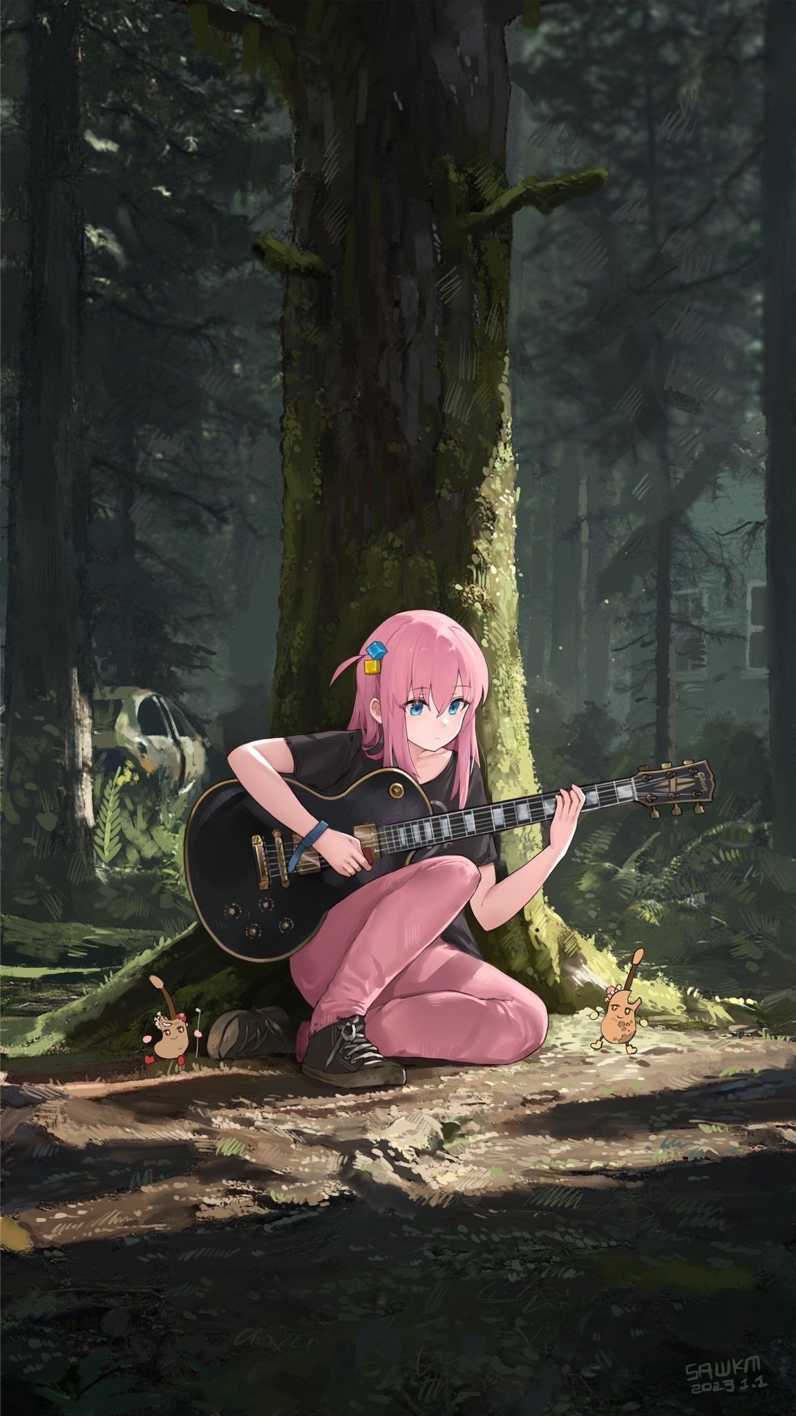 1160x2050 Wallpaper, BOCCHI THE ROCK, Hitori Bocchi, guitar, forest, vertical, pink hair, Phone