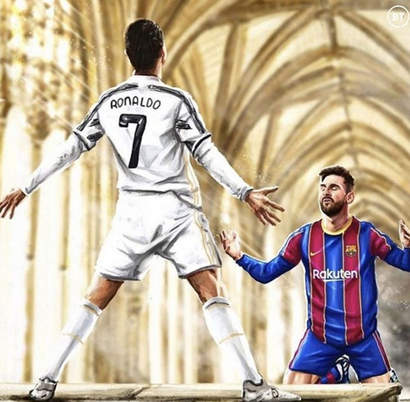 1320x1300 Champions League: Cristiano Ronaldo's sister posts photo of Messi kneeling at her brother's feet, Desktop