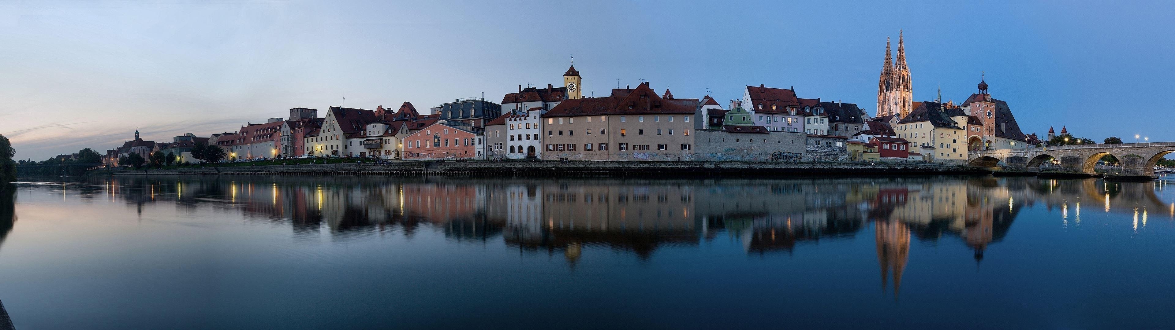 3840x1080 Regensburg, Germany, City, Reflection, River, Sunset, Multiple, Dual Screen