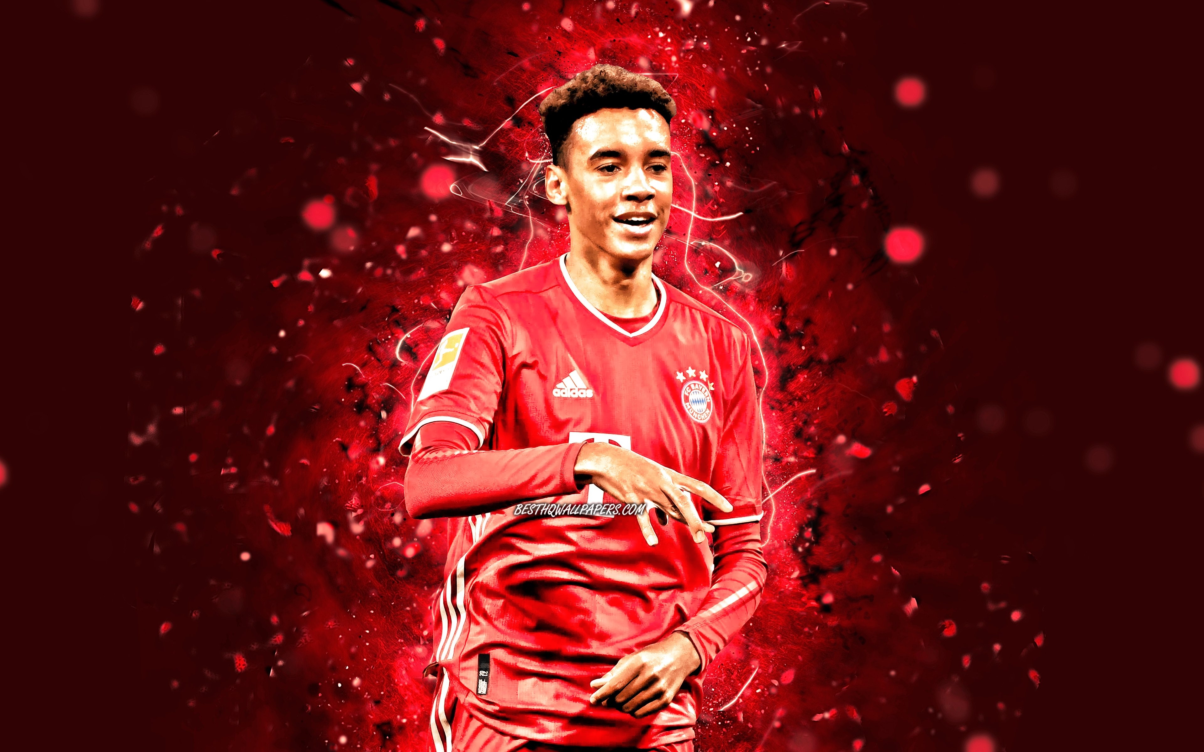 3840x2400 Download wallpaper Jamal Musiala, 4k, Bayern Munich FC, german footballers, Bundesliga, red neon lights, soccer, Germany, Jamal Musiala Bayern Munich, Jamal Musiala 4K for desktop with resolution. High Quality HD, Desktop