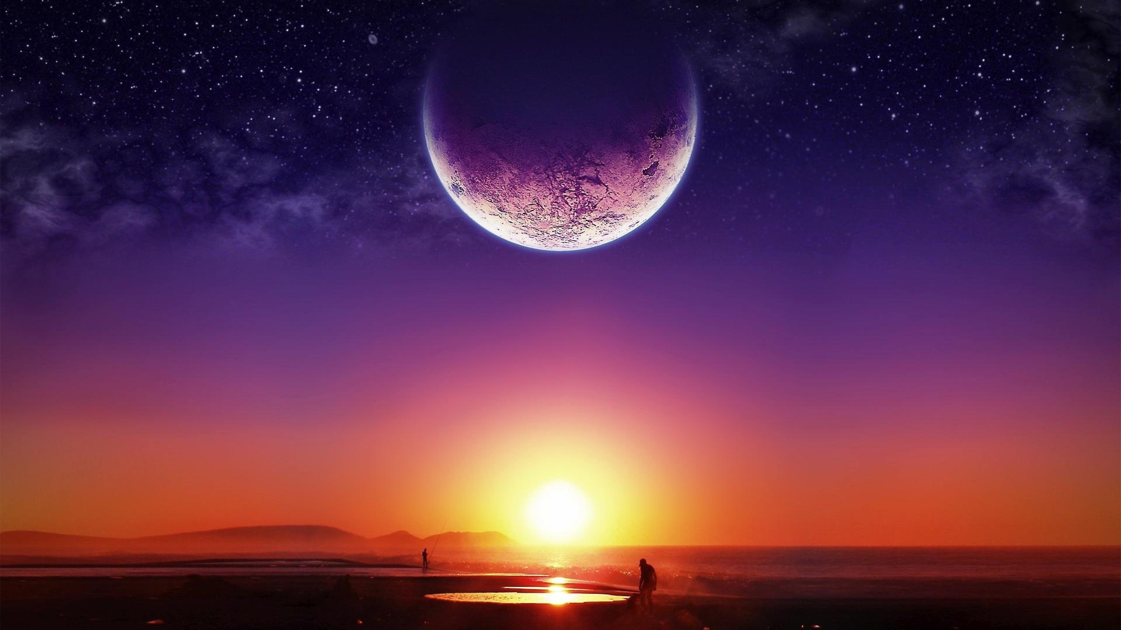 3840x2160 Sunset With Supermoon Digital Art Wallpaper. Wallpaper Studio 10, Desktop