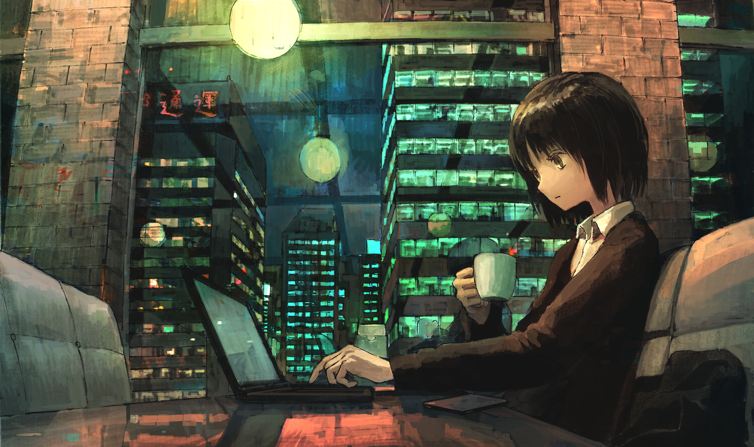 1500x890 Wallpaper, anime girls, computer, skyscraper, night, urban, reflection, cafes, Japan, laptop, calm, work, job, office, schoolgirl, skinny, Cup Coffe, Desktop