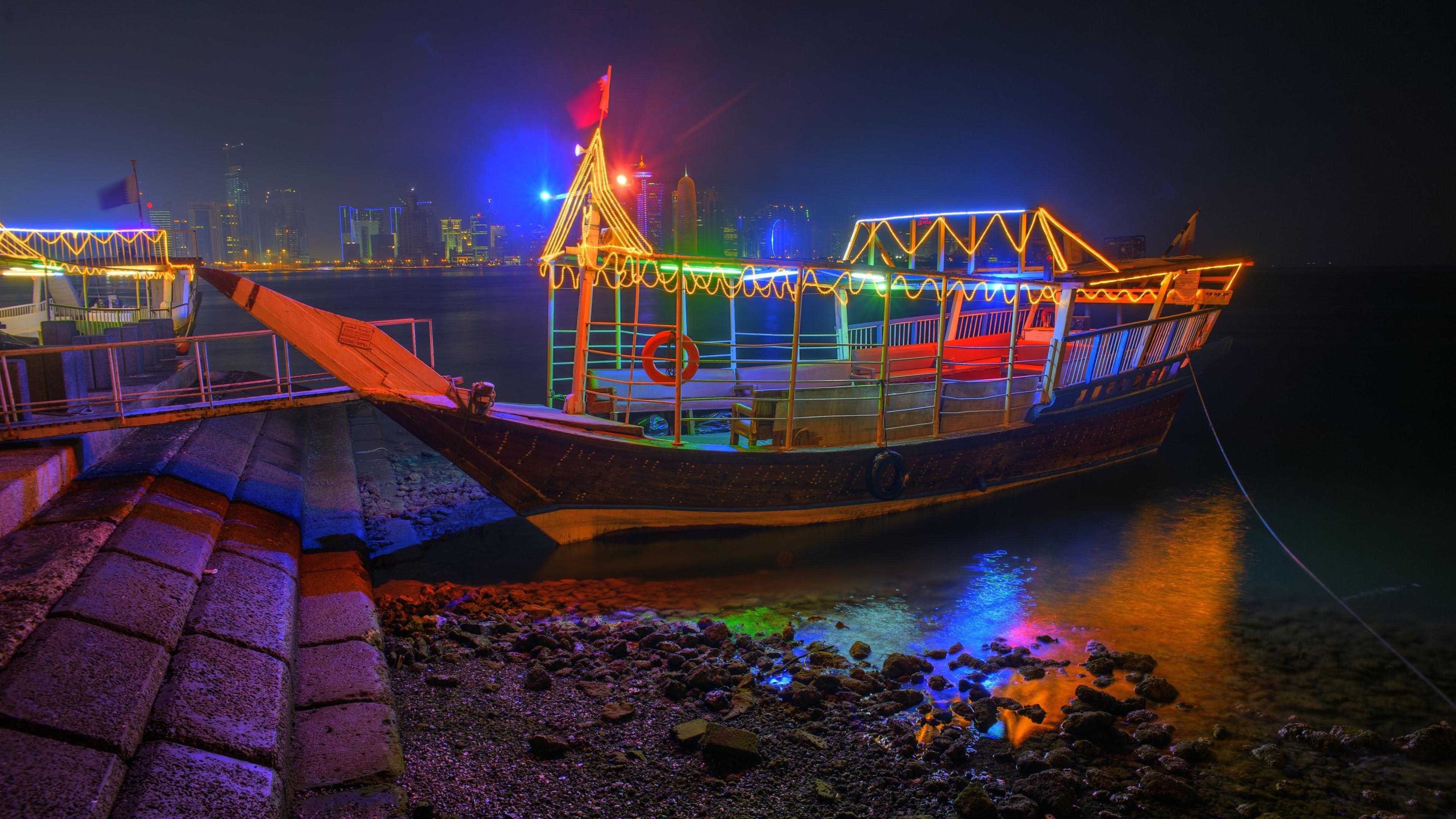 3840x2160 Colorful Illuminated Dhow Boat At Night, Qatar Wallpaper, Desktop