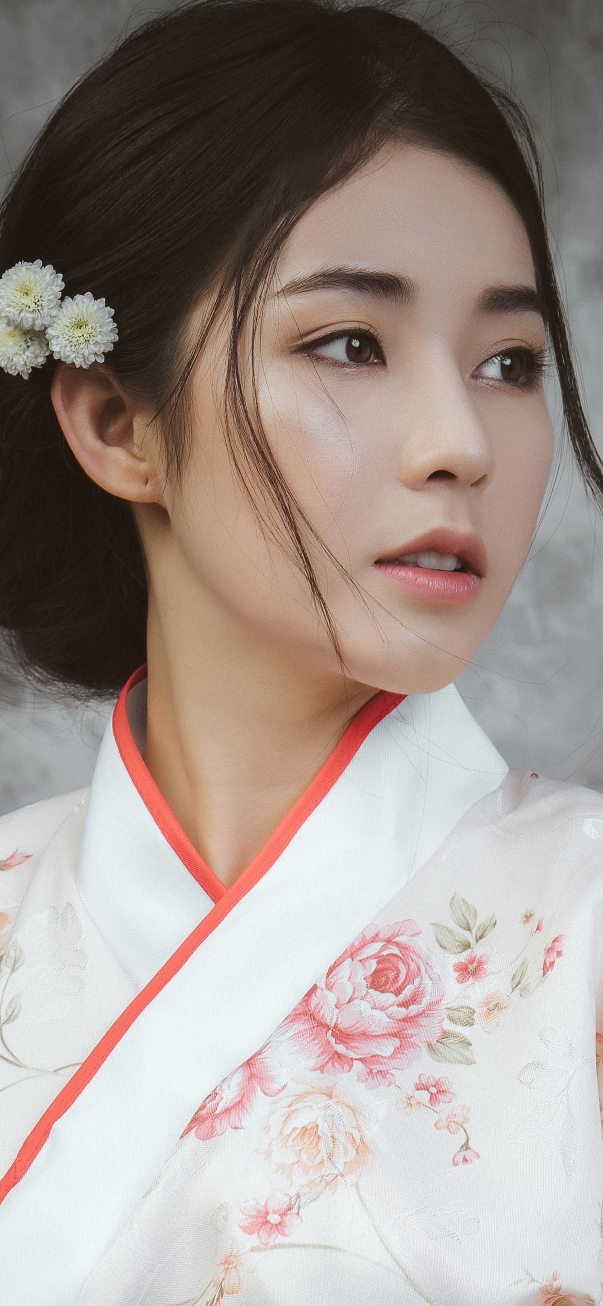 1250x2690 Wallpaper Beautiful Japanese girl, young woman, kimono 5120x2880, Phone