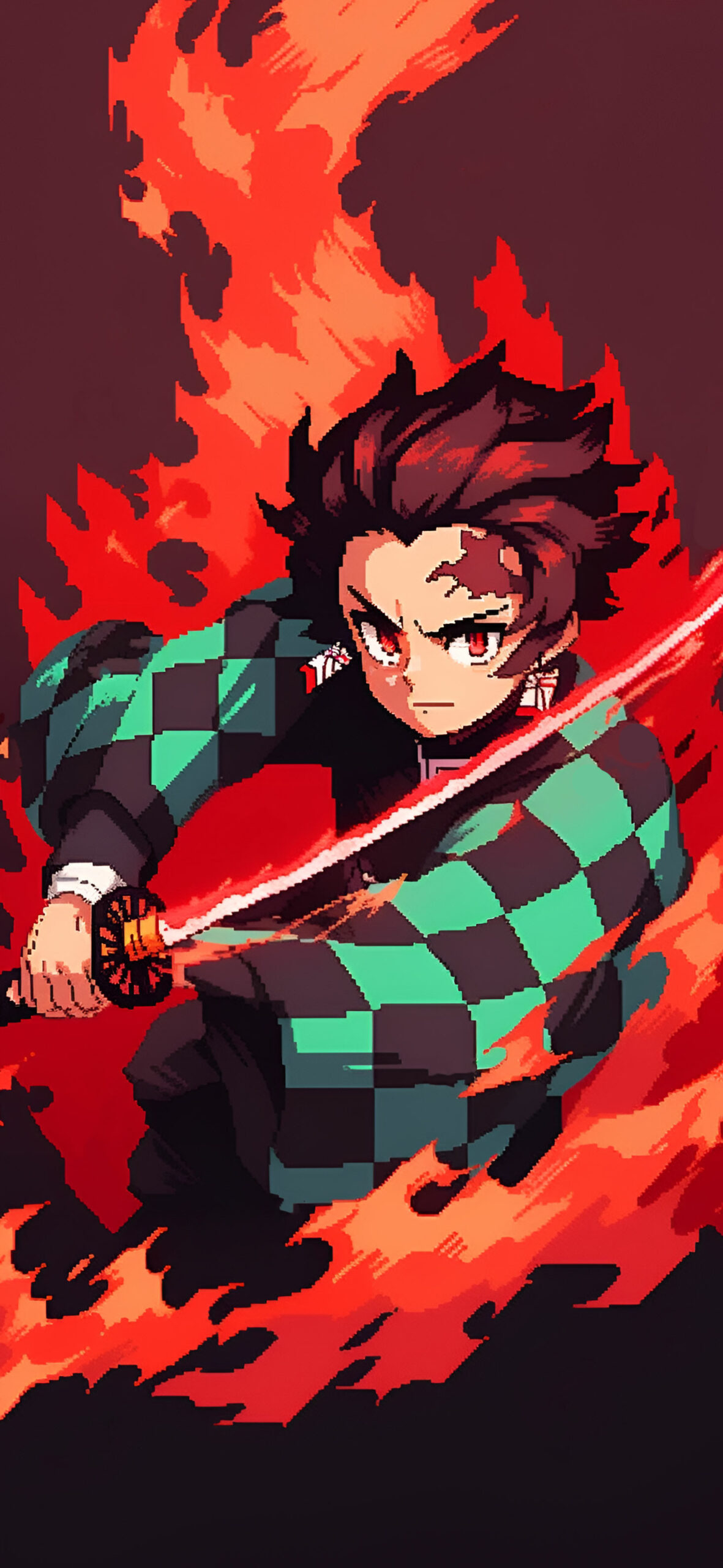 1190x2560 Demon Slayer Tanjiro in Fire Pixel Art, Phone