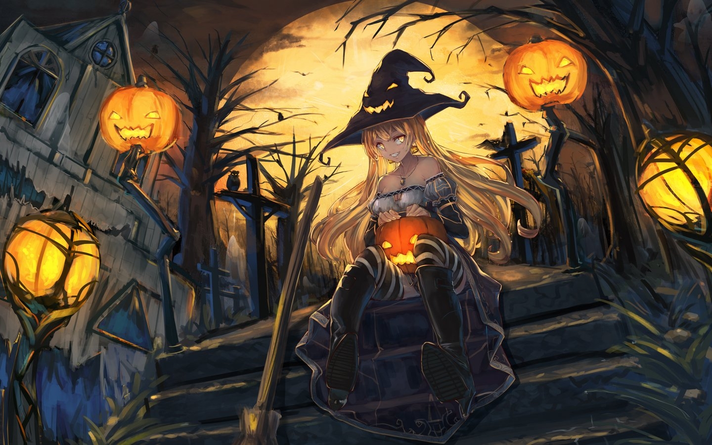 1440x900 Desktop Wallpaper Witch, Art, Anime Girl, Halloween, HD Image, Picture, Background, Ff08e6, Desktop