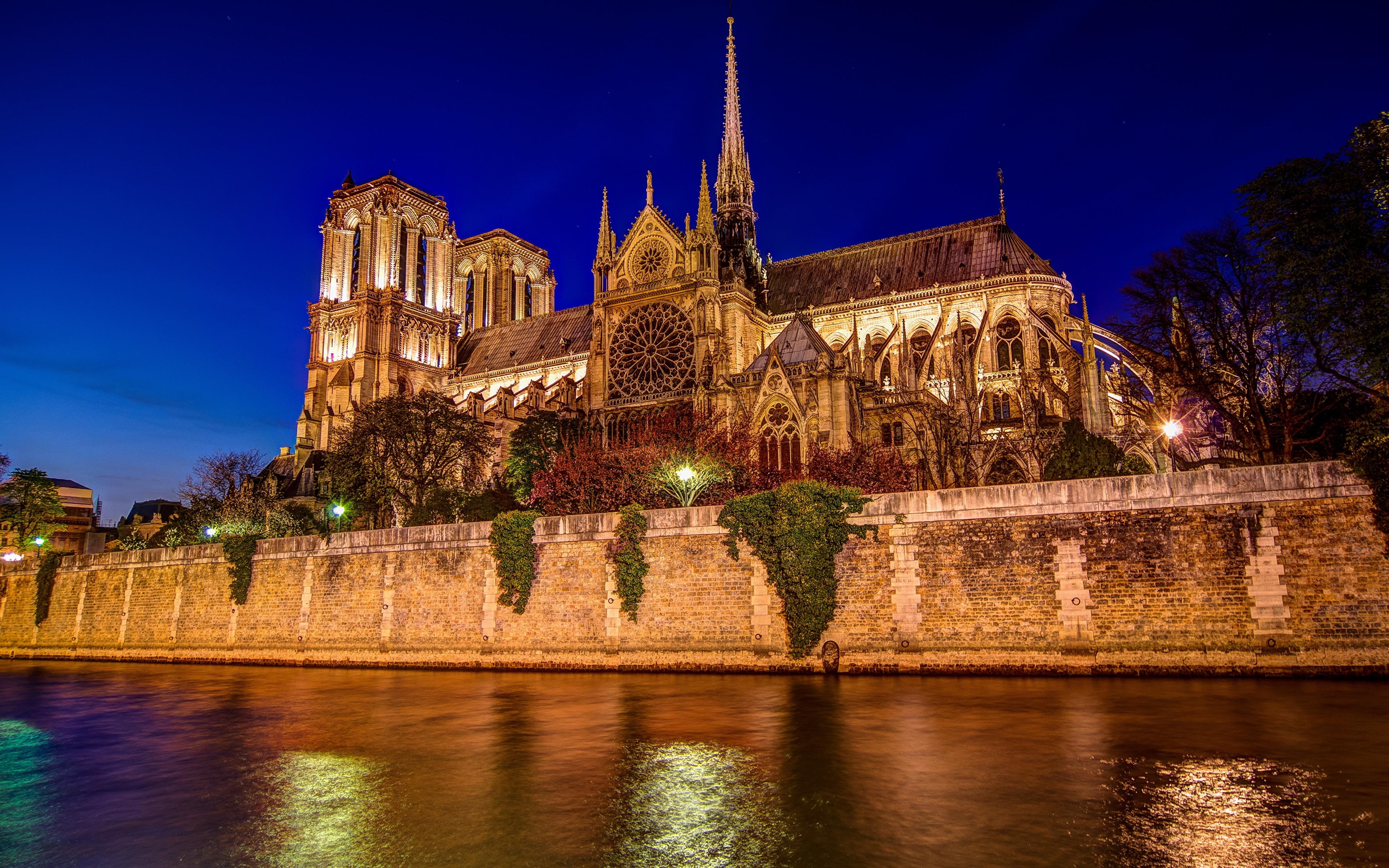 3840x2400 Picture Paris Cathedral France Notre Dame cathedral Night, Desktop