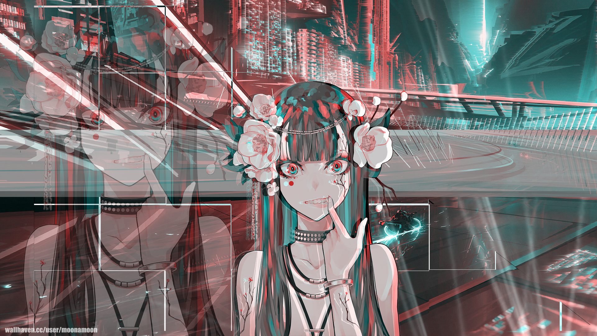 1920x1080 Wallpaper, anime girls, cyberpunk, futuristic, red eyes, looking at viewer, city, neon, Desktop