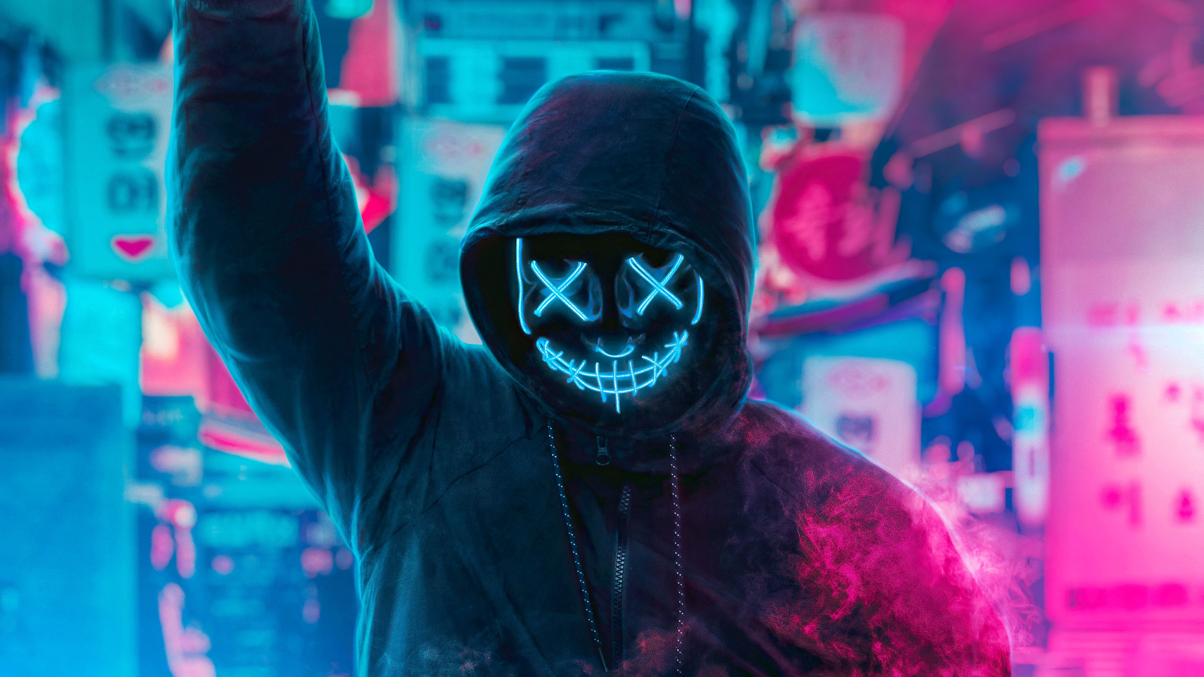 3840x2160 Mask Guy Neon Man With Smoke Bomb 4k, HD Photography, 4k Wallpaper, Image, Background, Photo and Picture, Desktop