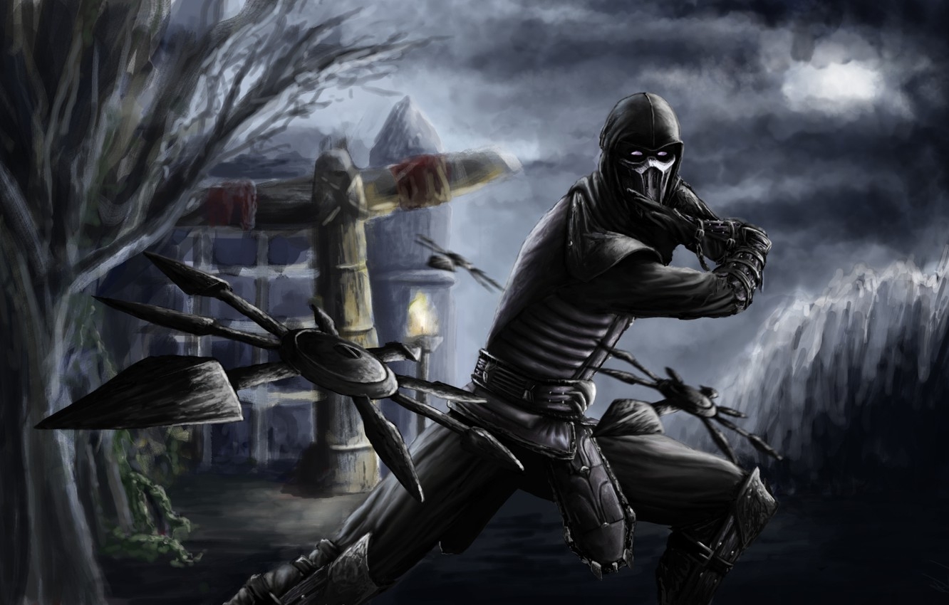 1340x850 Wallpaper night, mask, art, Mortal Kombat, shuriken, throw, Noob Saibot image for desktop, section игры, Desktop