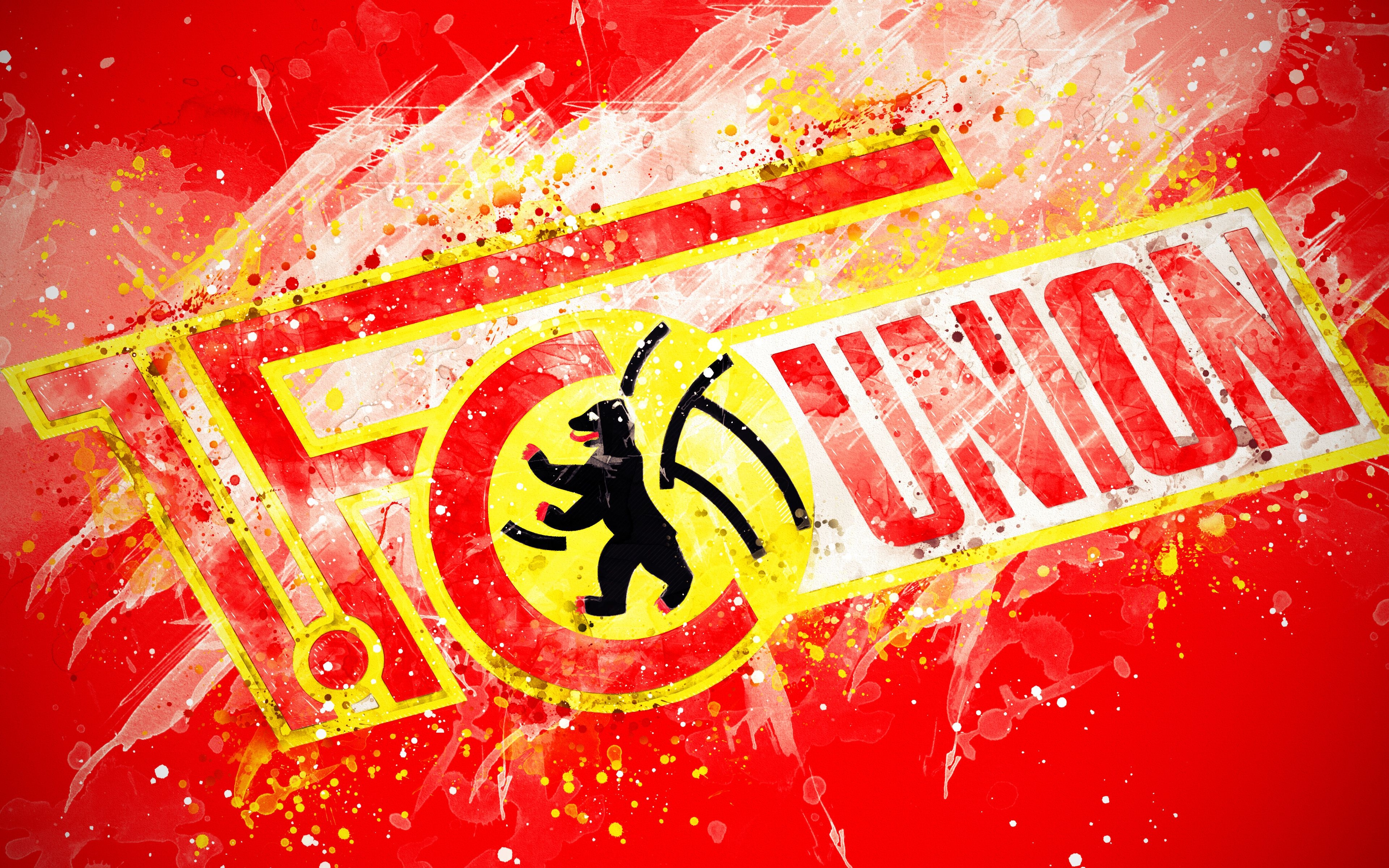 3840x2400 Download wallpaper FC Union Berlin, 4k, paint art, logo, creative, Desktop