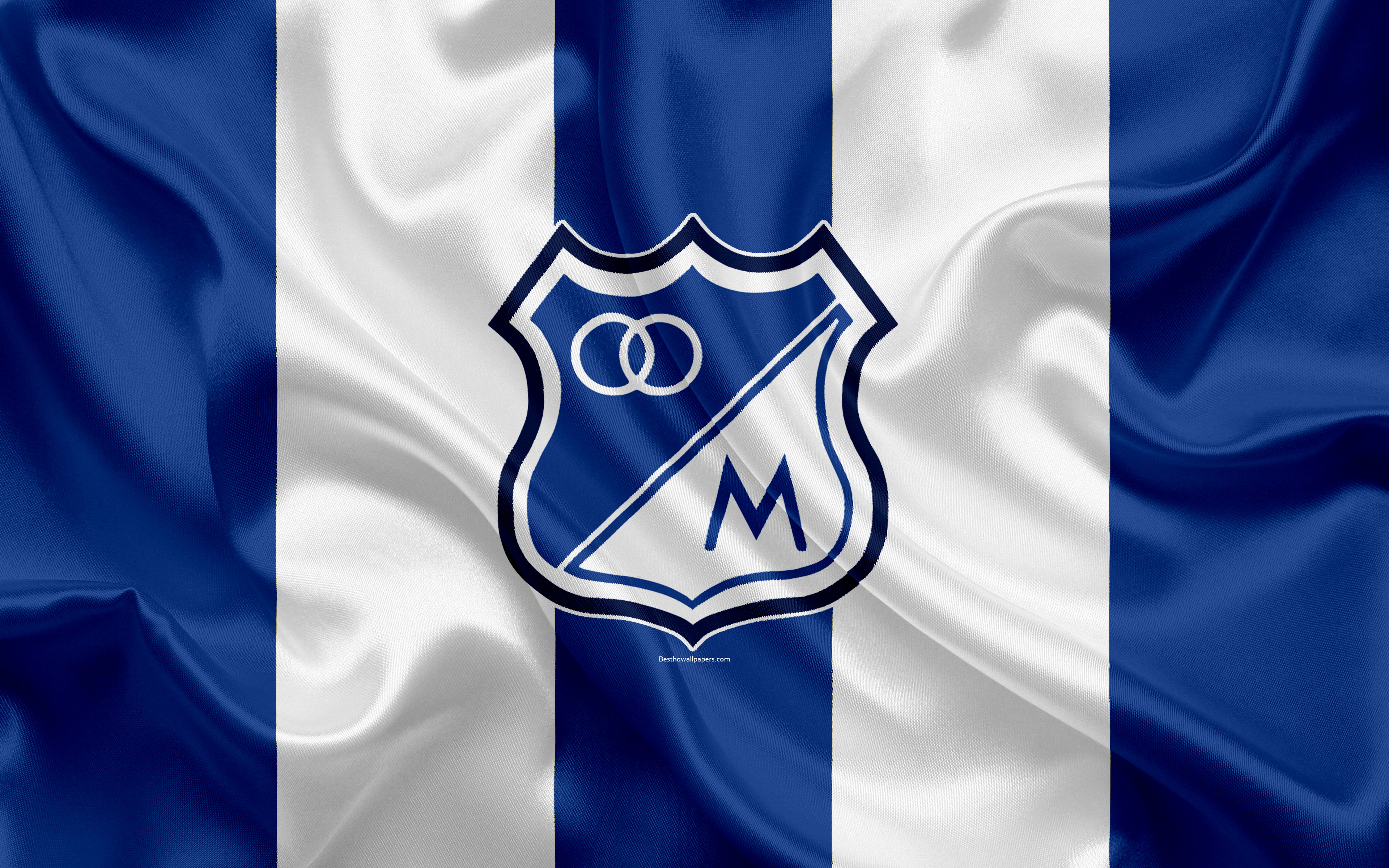 3840x2400 Download wallpaper Millonarios FC, 4k, logo, Colombian football club, silk texture, blue white flag, Categoria Primera A, Bogota, Colombia, football, Liga Aguila for desktop with resolution. High Quality HD picture wallpaper, Desktop