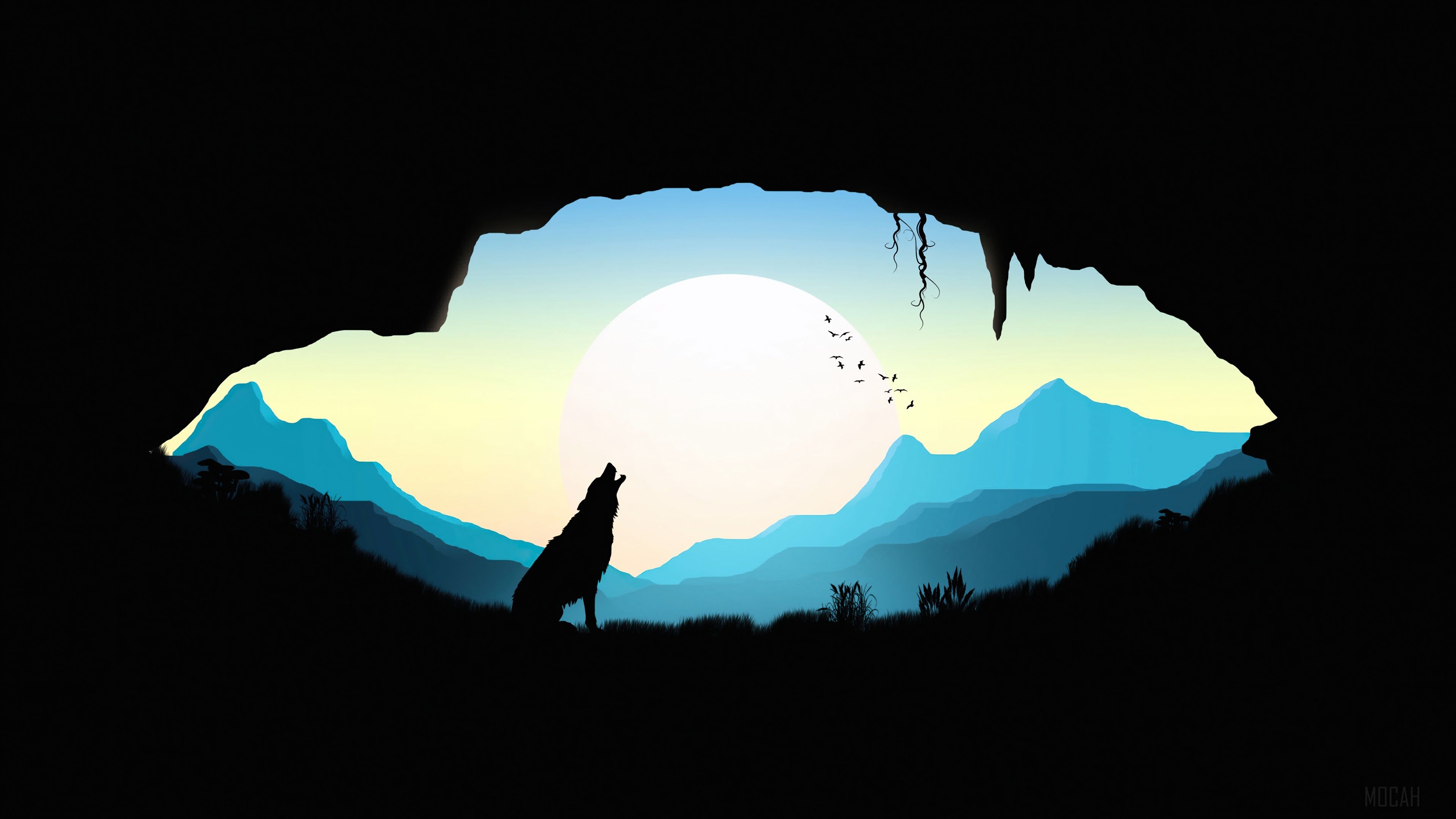 3840x2160 Digital Art, Wolf, Howling, Silhouette, Minimalist, Minimalism, Simple, Night, Scenery, Minimalist, Minimalism, Simple 4k wallpaper, Desktop