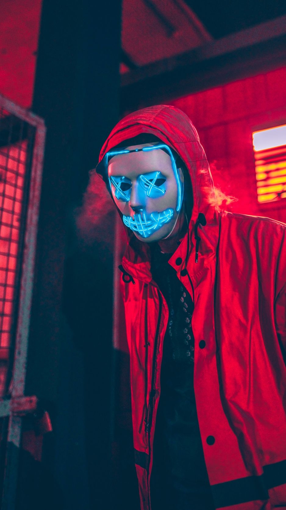 940x1670 Download Wallpaper  Neon Mask, Mask, Man, Hood, Red Iphone 8 7 6s 6 For Parallax HD Background, Phone